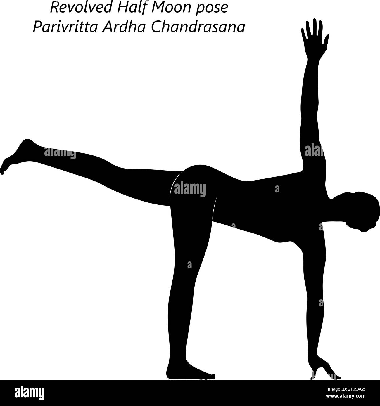 Silhouette of woman doing yoga Revolved Half Moon pose or Parivritta Ardha Chandrasana. Intermediate Difficulty. Isolated vector illustration. Stock Vector