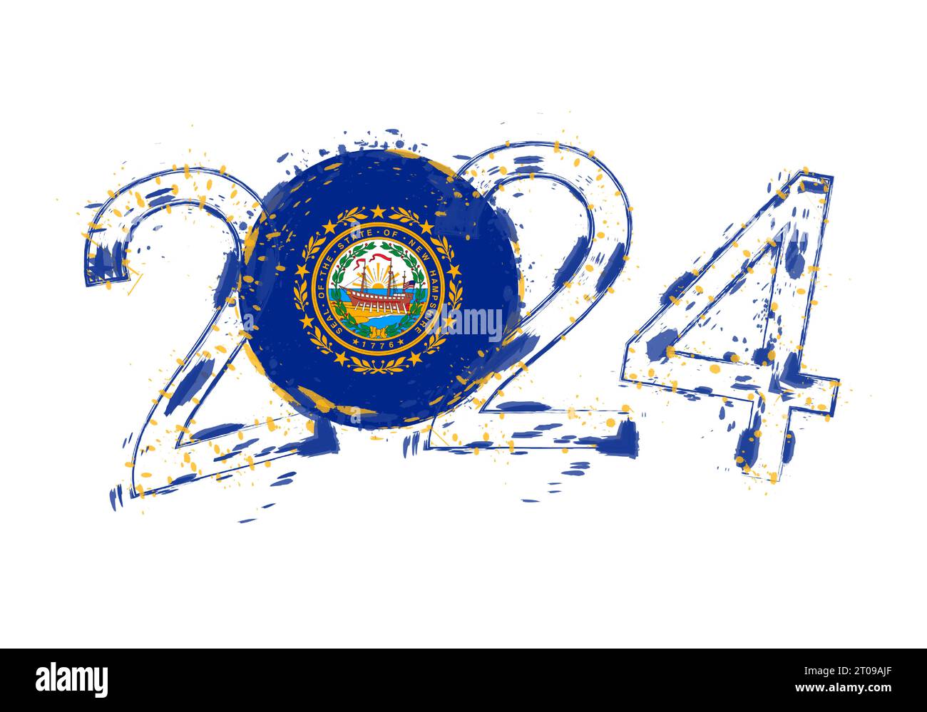 2025 Year in grunge style with flag of New Hampshire. Holiday grunge