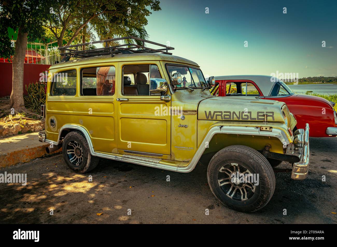 Giron, Cuba - Old vintage Jeep Wrangler wagon Stock Photo