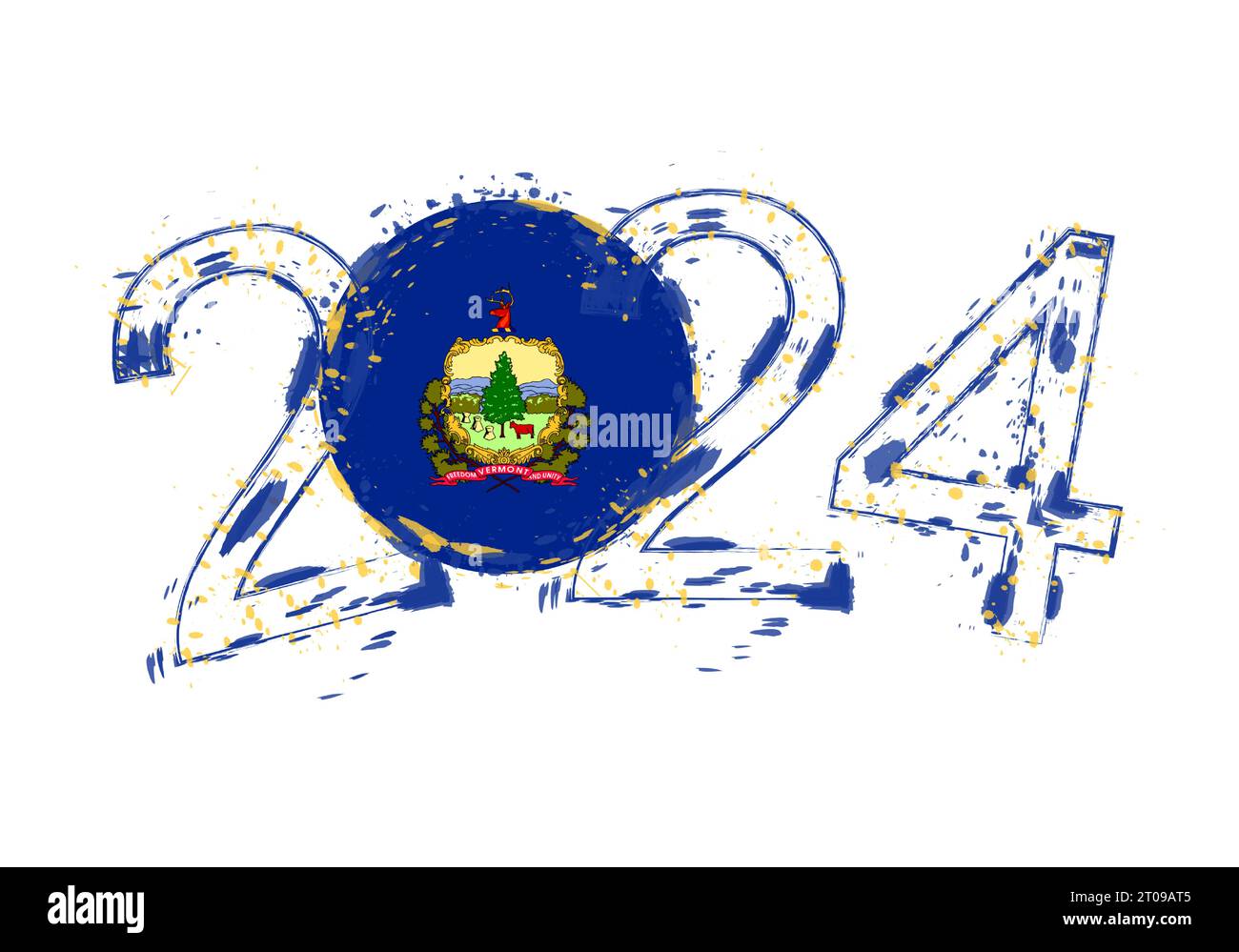 2024 Year in grunge style with flag of Vermont. Holiday grunge vector