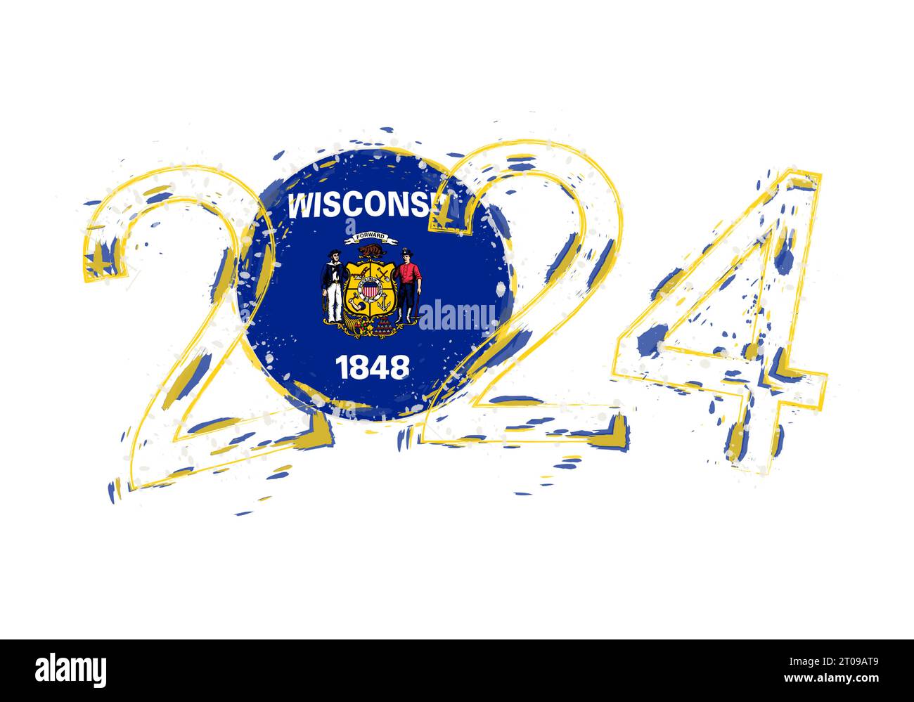 2024 Year in grunge style with flag of Wisconsin. Holiday grunge vector