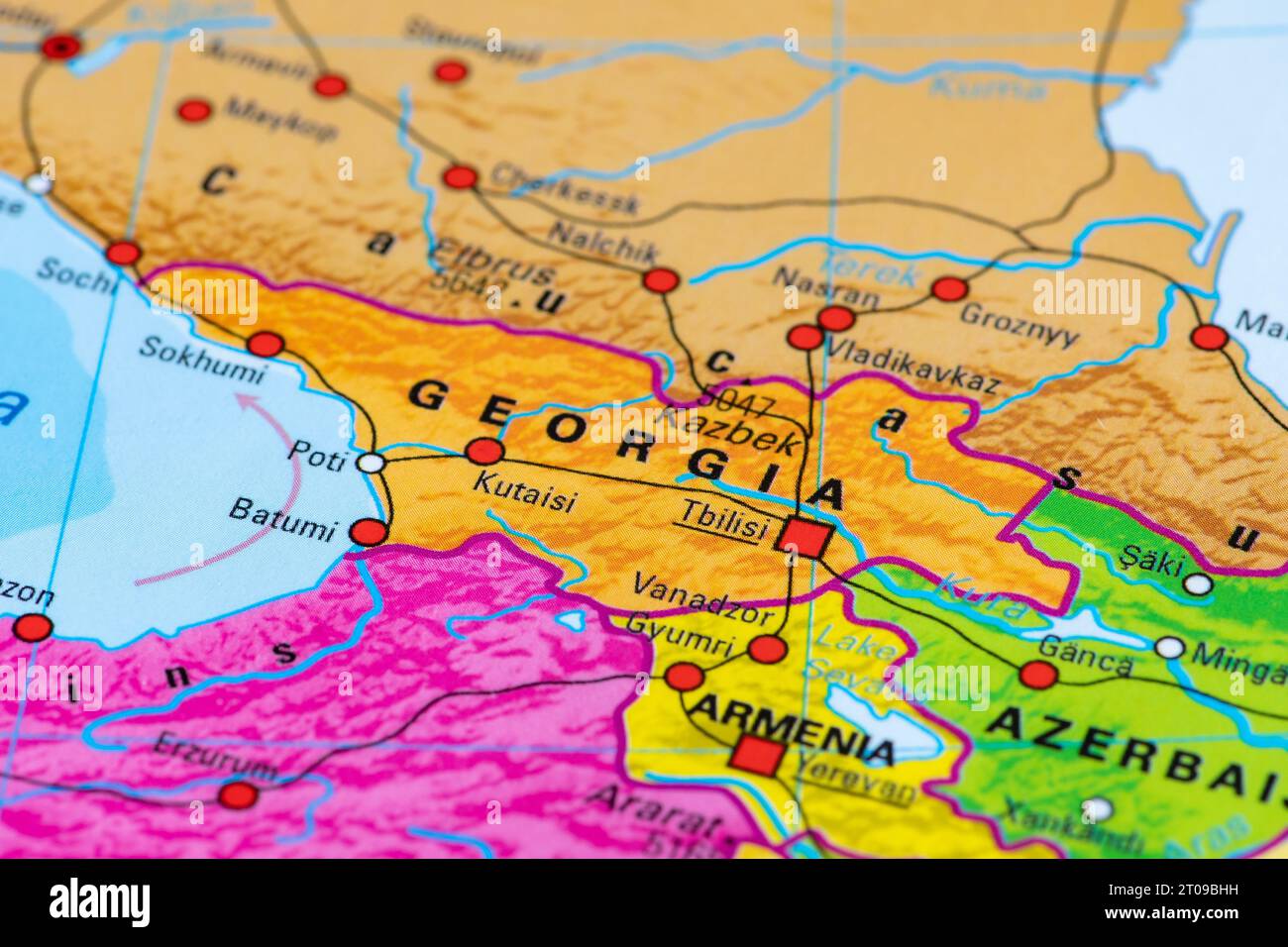 Map or cartography of Georgia with capital Tbilisi and state borders with Russia, Turkey, Armenia and Azerbaijan Stock Photo