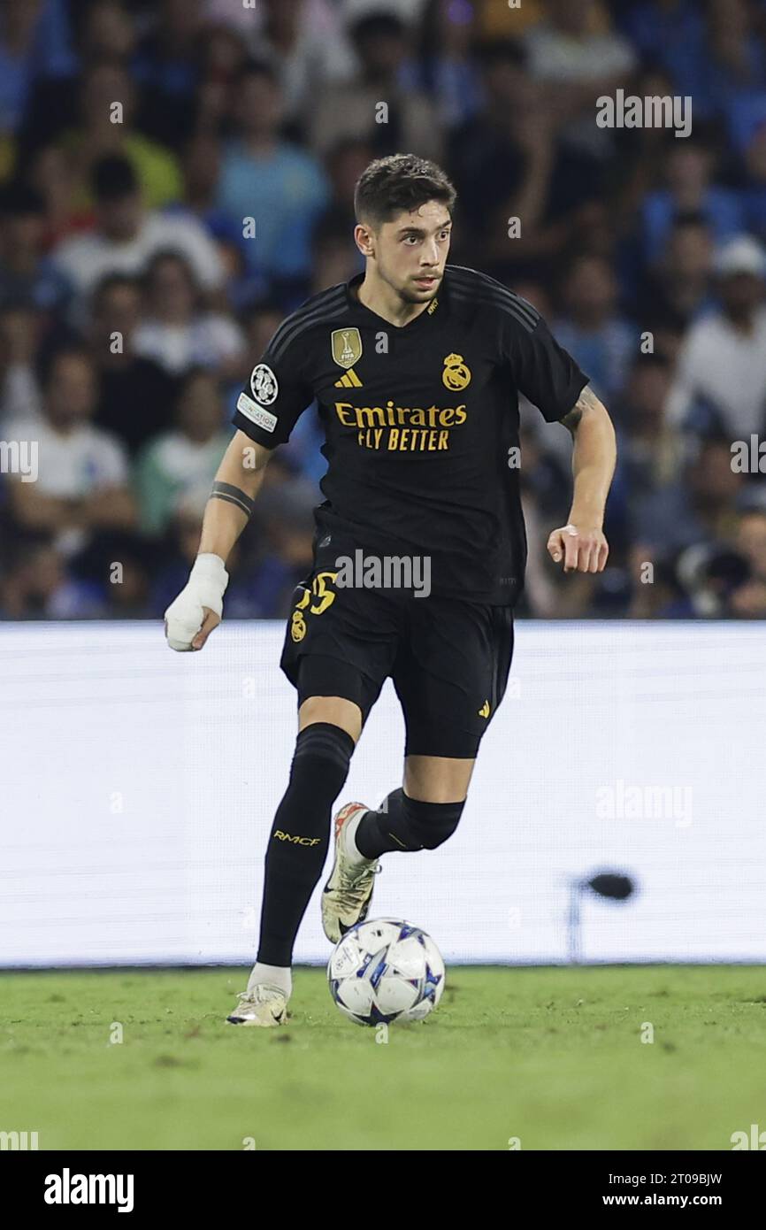 Real Madrid's Uruguayan midfielder Federico Valverde controls the ball ...