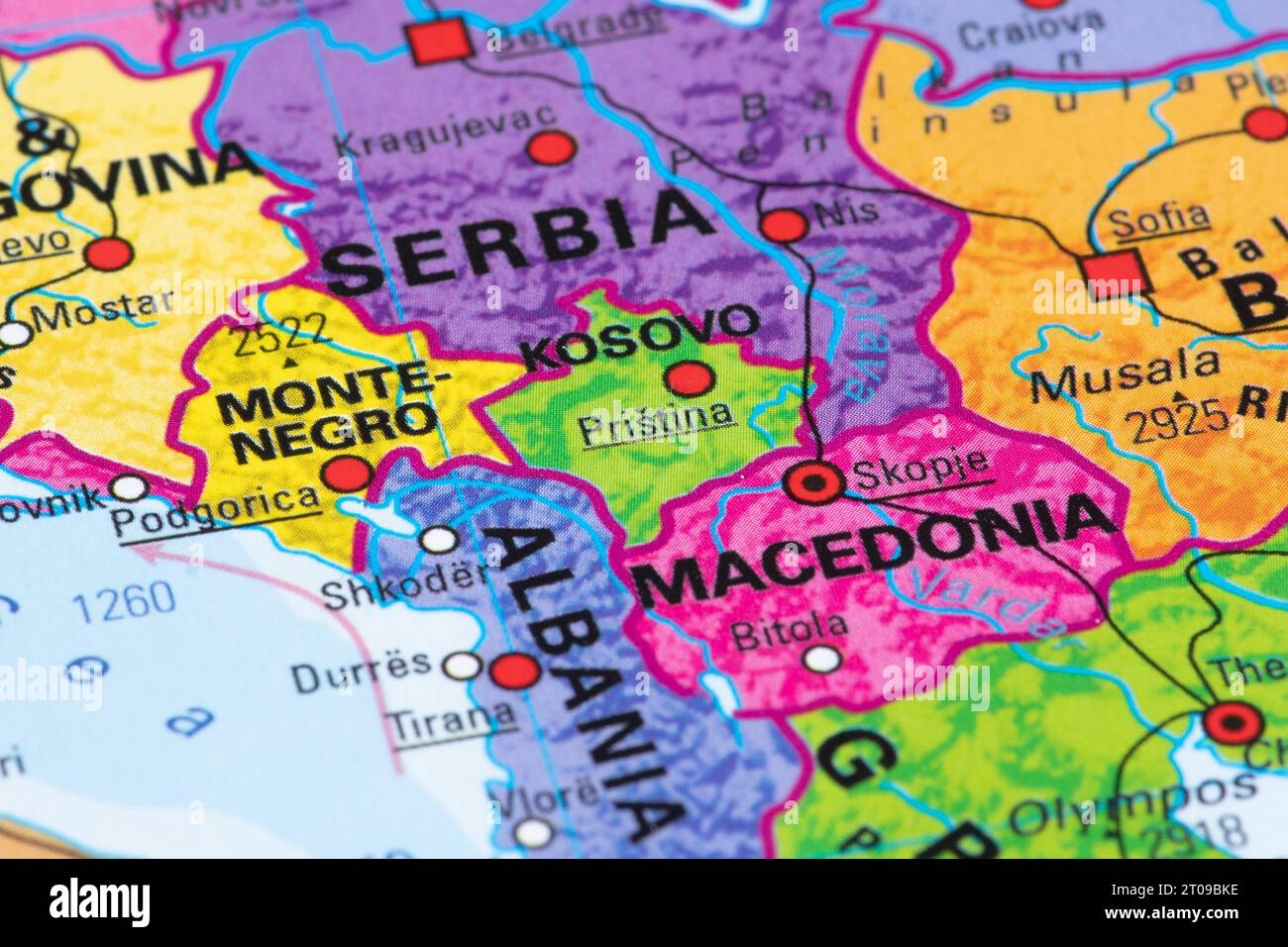 Map or cartography of Kosovo with capital Pristina and state borders with Serbia, Macedonia, Albania, Montenegro Stock Photo