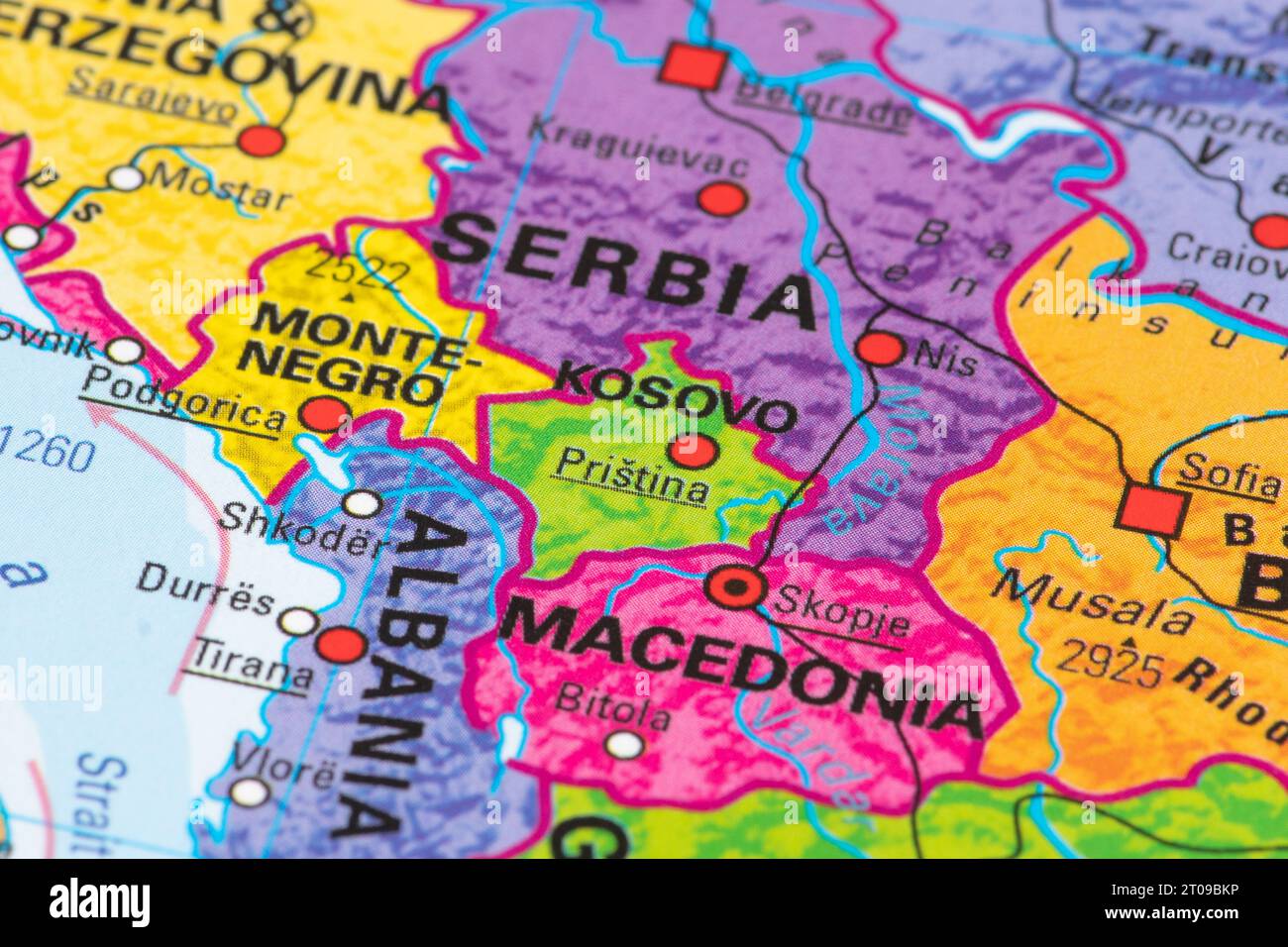 Map or cartography of Kosovo with capital Pristina and state borders with Serbia, Macedonia, Albania, Montenegro Stock Photo