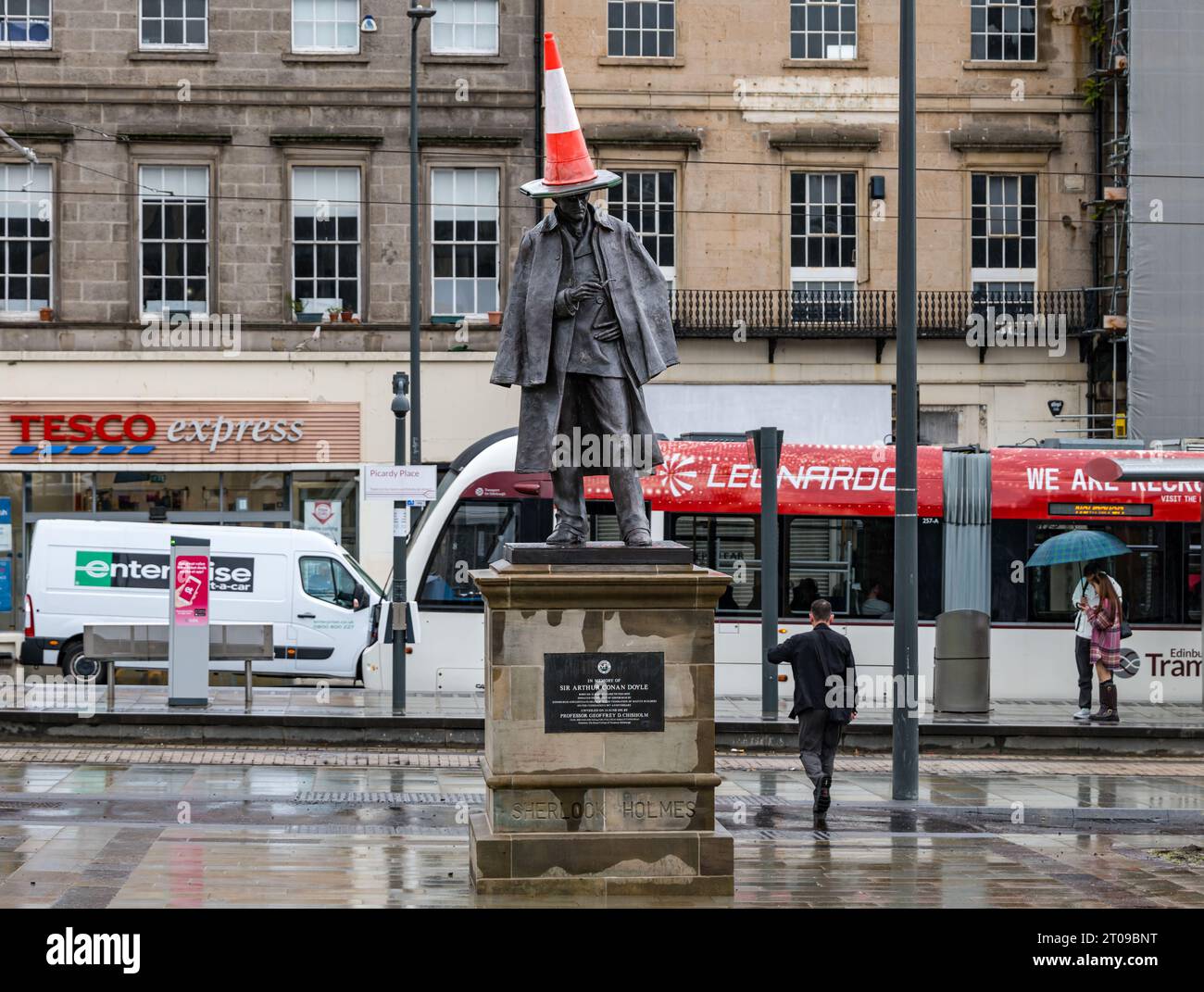 Picardy Place, Edinburgh, Scotland, UK. Sherlock Holmes statue with traffic cone: the newly refurbished and reinstalled statue has a traffic cone on its head. Credit: Sally Anderson/Alamy Live News Stock Photo