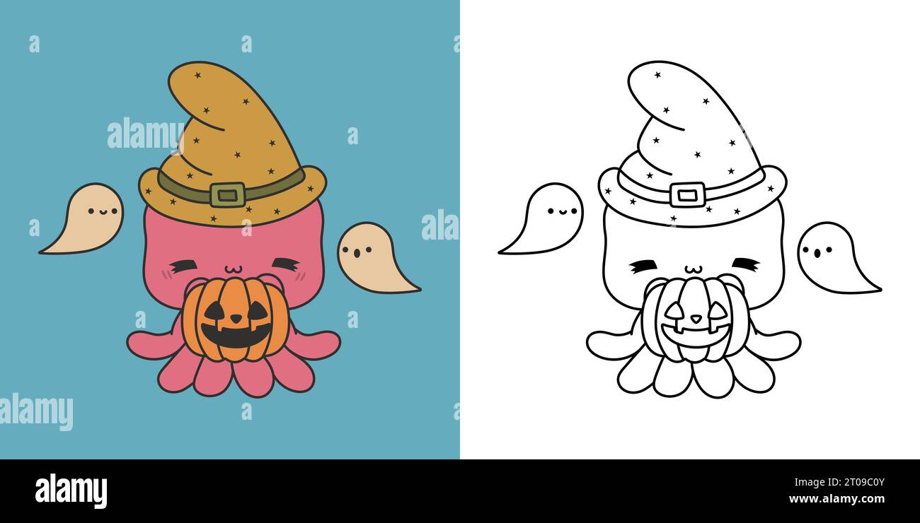 Set Clipart Halloween Octopus Coloring Page and Colored Illustration