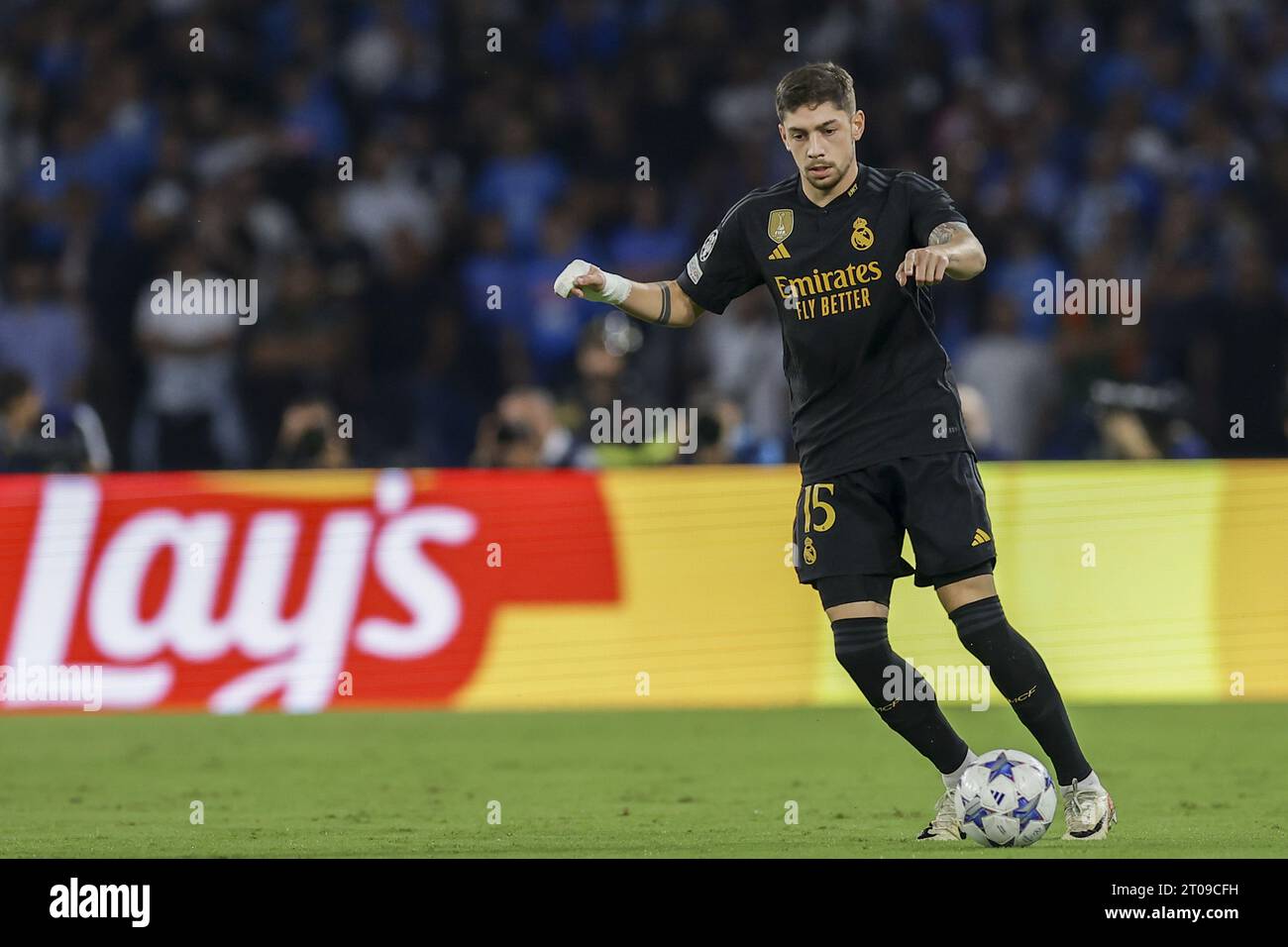 Real Madrid's Uruguayan midfielder Federico Valverde controls the ball ...