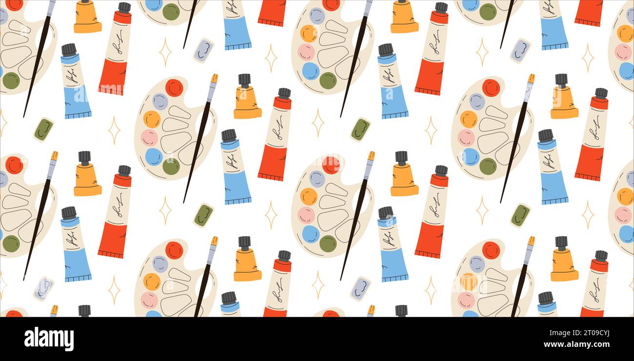 Seamless pattern with Palette, paints and brushes Stock Vector