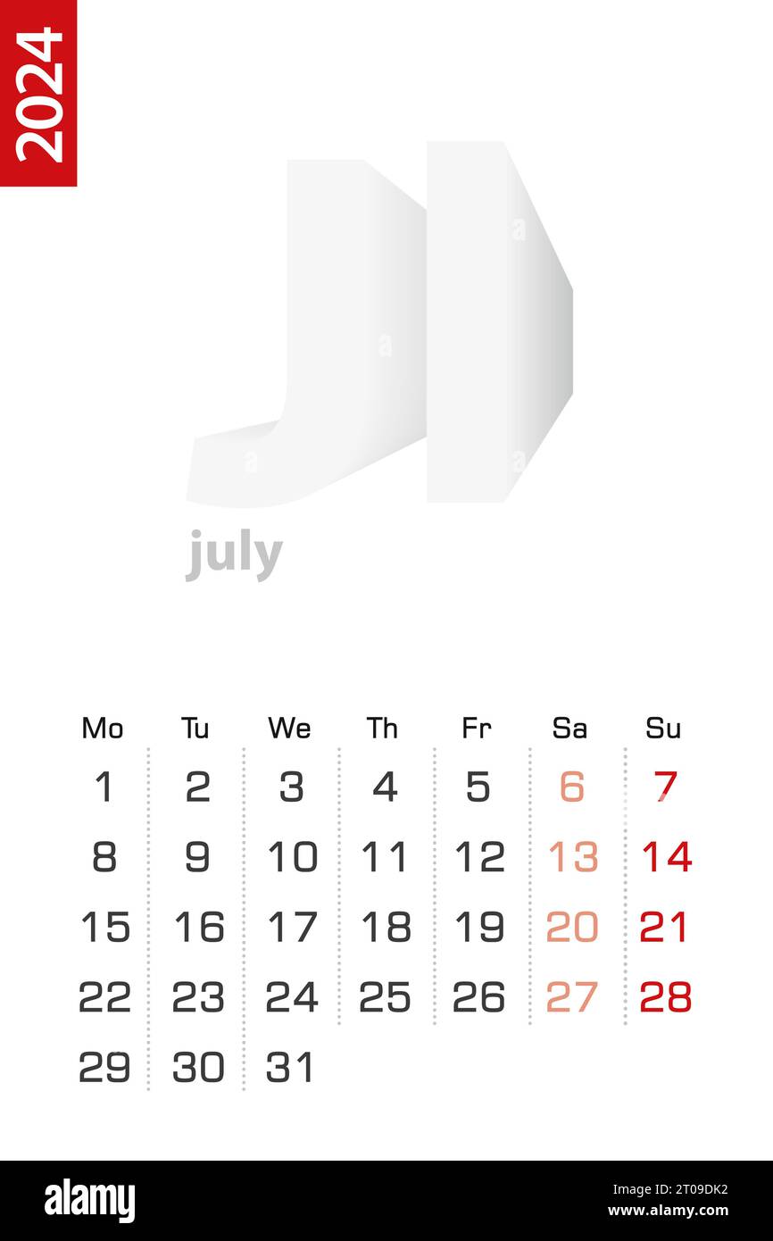 Minimalist calendar template for July 2024, vector calendar in English
