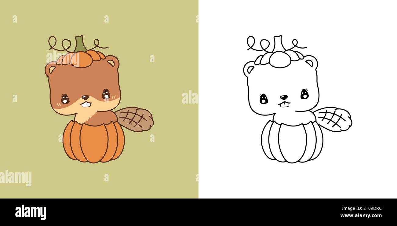 Cute Halloween Beaver Clipart Illustration and Black and White. Kawaii