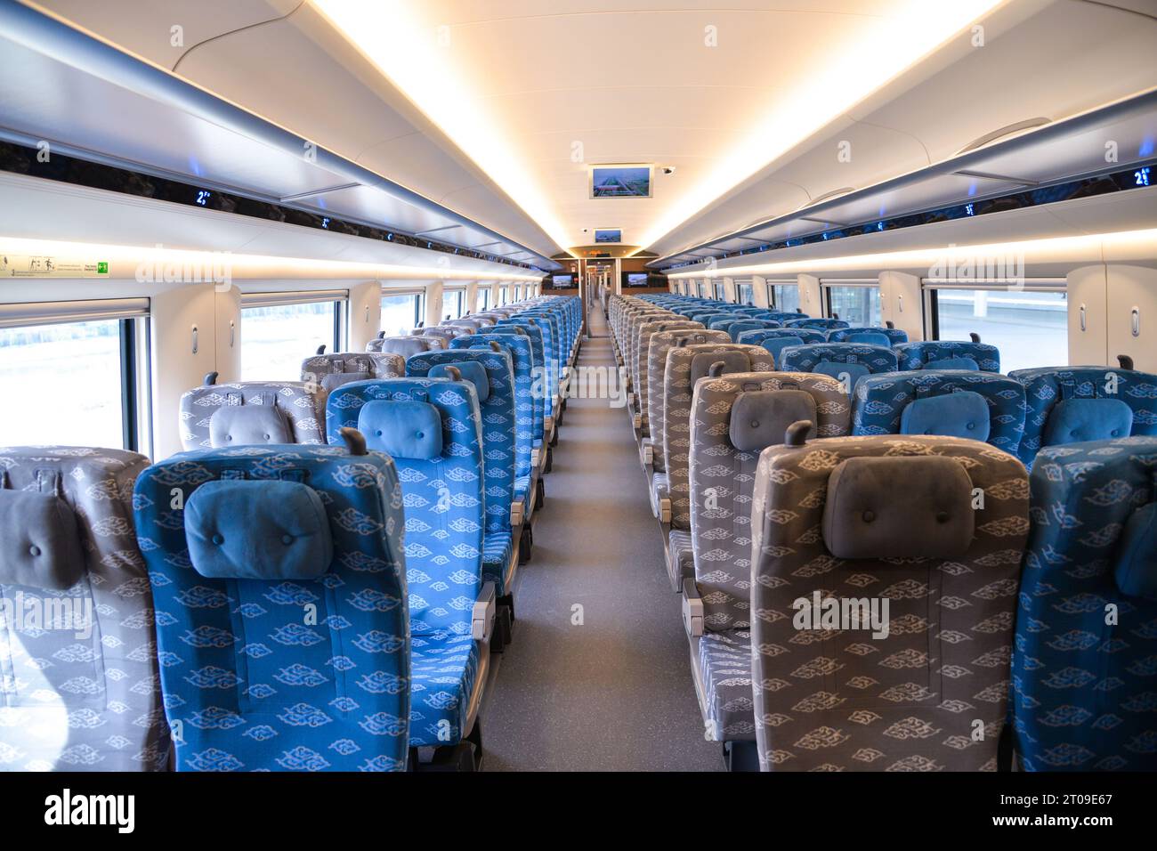 Jakarta. 4th Sep, 2023. This photo taken on Sept. 4, 2023 shows the interior view of a high-speed electrical multiple unit (EMU) train of the Jakarta-Bandung High-Speed Railway in Indonesia. As a landmark project of the Belt and Road Initiative and cooperation between China and Indonesia, it shortens the train trip between Jakarta and Bandung from more than three hours to about 40 minutes via this new 142.3-km line. Credit: Xu Qin/Xinhua/Alamy Live News Stock Photo