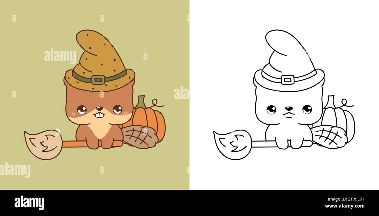 Kawaii Halloween Beaver Clipart Multicolored and Black and White. Cute ...