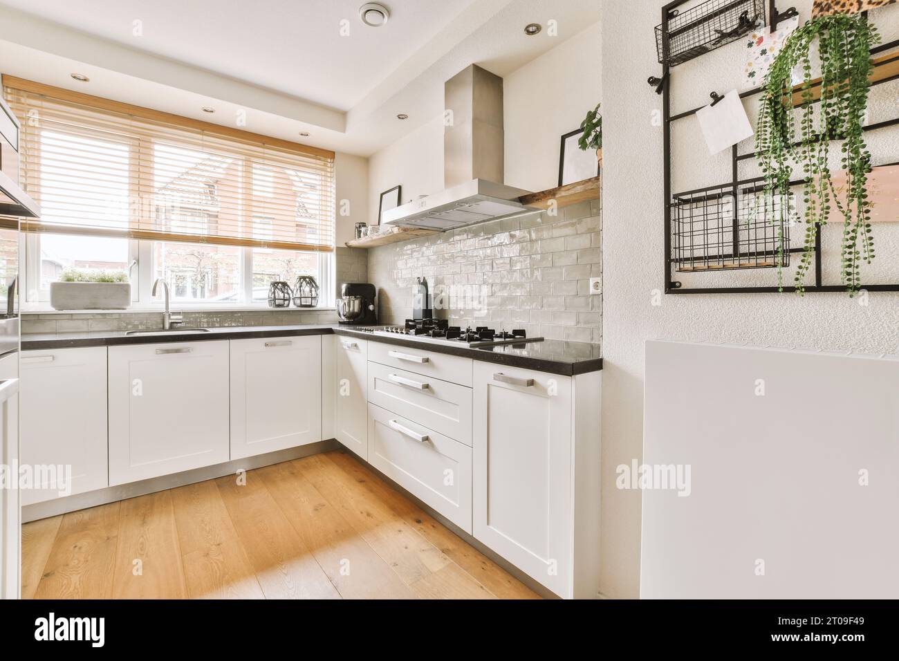 Interior of open plan kitchen with stove on counter and white cabinets ...
