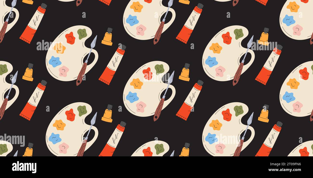 Seamless pattern with Palette, paints and brushes Stock Vector