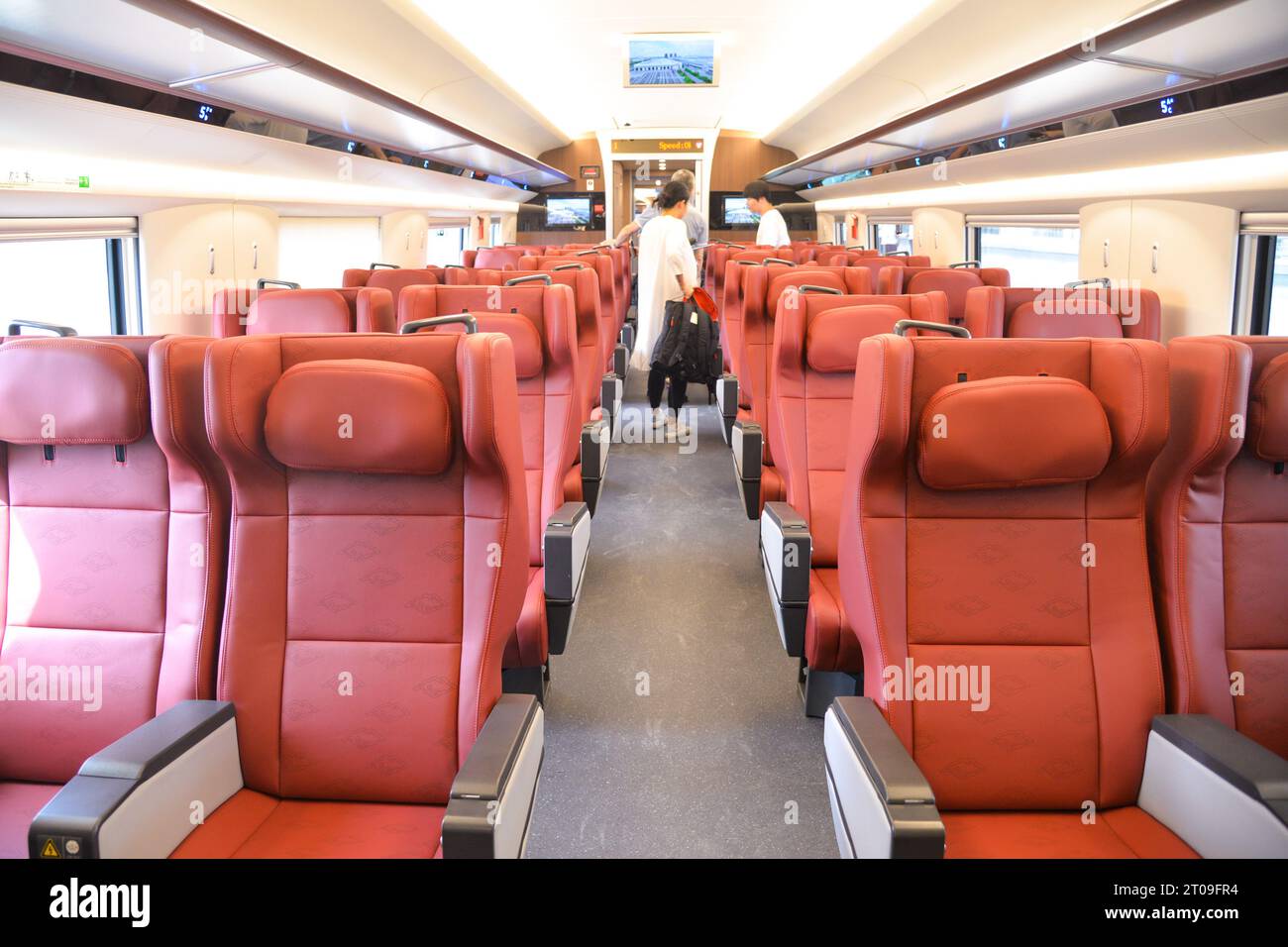 Jakarta. 4th Sep, 2023. This photo taken on Sept. 4, 2023 shows the interior view of a high-speed electrical multiple unit (EMU) train of the Jakarta-Bandung High-Speed Railway in Indonesia. As a landmark project of the Belt and Road Initiative and cooperation between China and Indonesia, it shortens the train trip between Jakarta and Bandung from more than three hours to about 40 minutes via this new 142.3-km line. Credit: Xu Qin/Xinhua/Alamy Live News Stock Photo