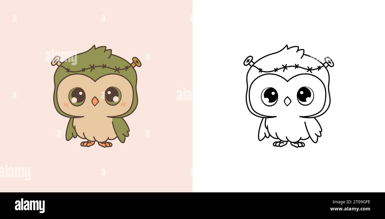 Cute Halloween Owl Clipart Illustration and Black and White. Funny Clip