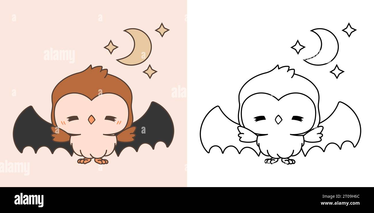 Cute Halloween Owl Clipart Illustration and Black and White. Kawaii