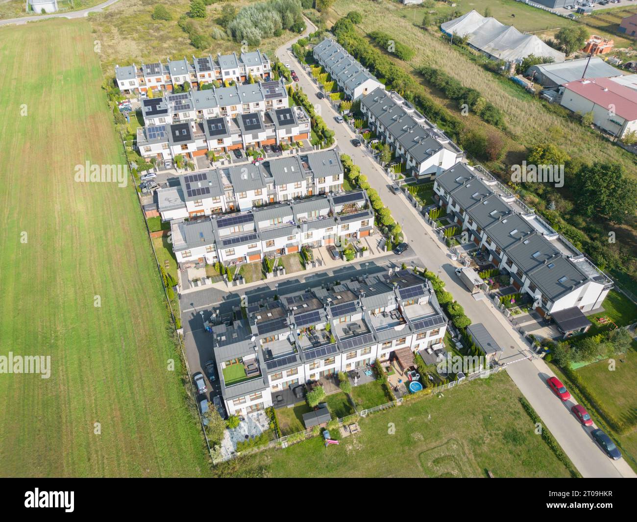 Aerial view of residential houses neighborhood and apartment building ...