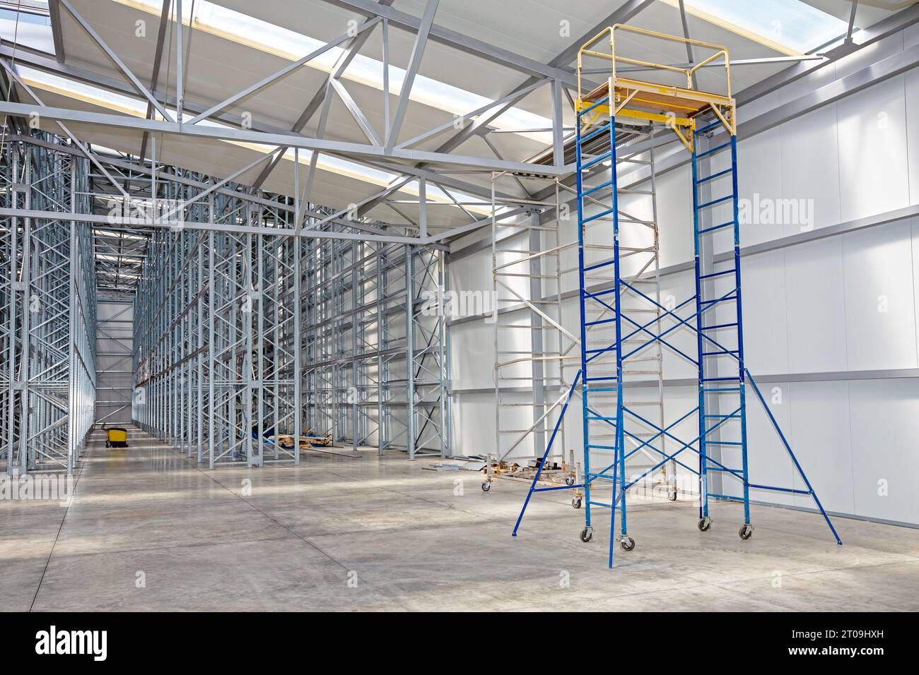 Mobile Scaffolding Tower Platform in Distribution Warehouse Stock Photo