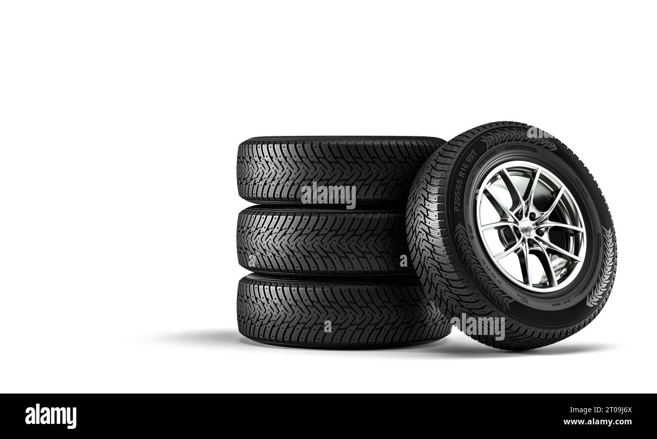 set of winter tyres on a white background. 3d render Stock Photo Alamy