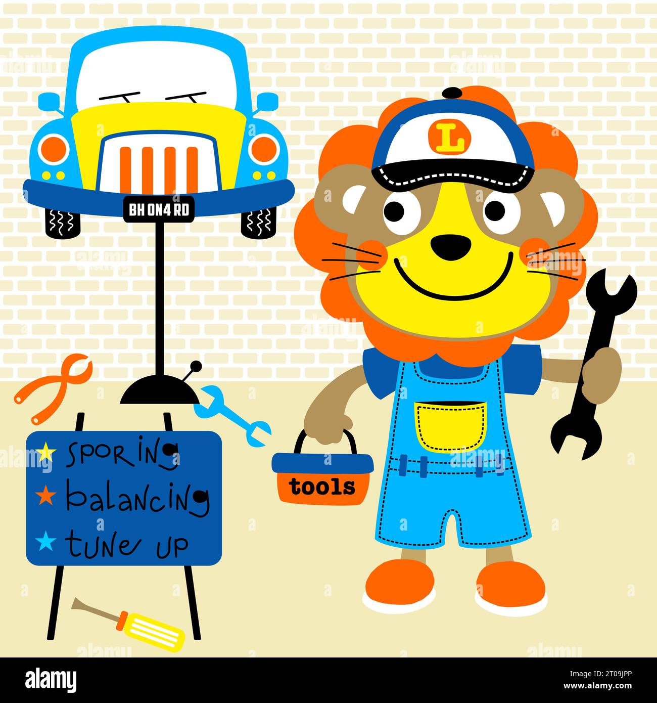Cute lion in mechanic costume, auto repair shop elements, vector cartoon illustration Stock Vector