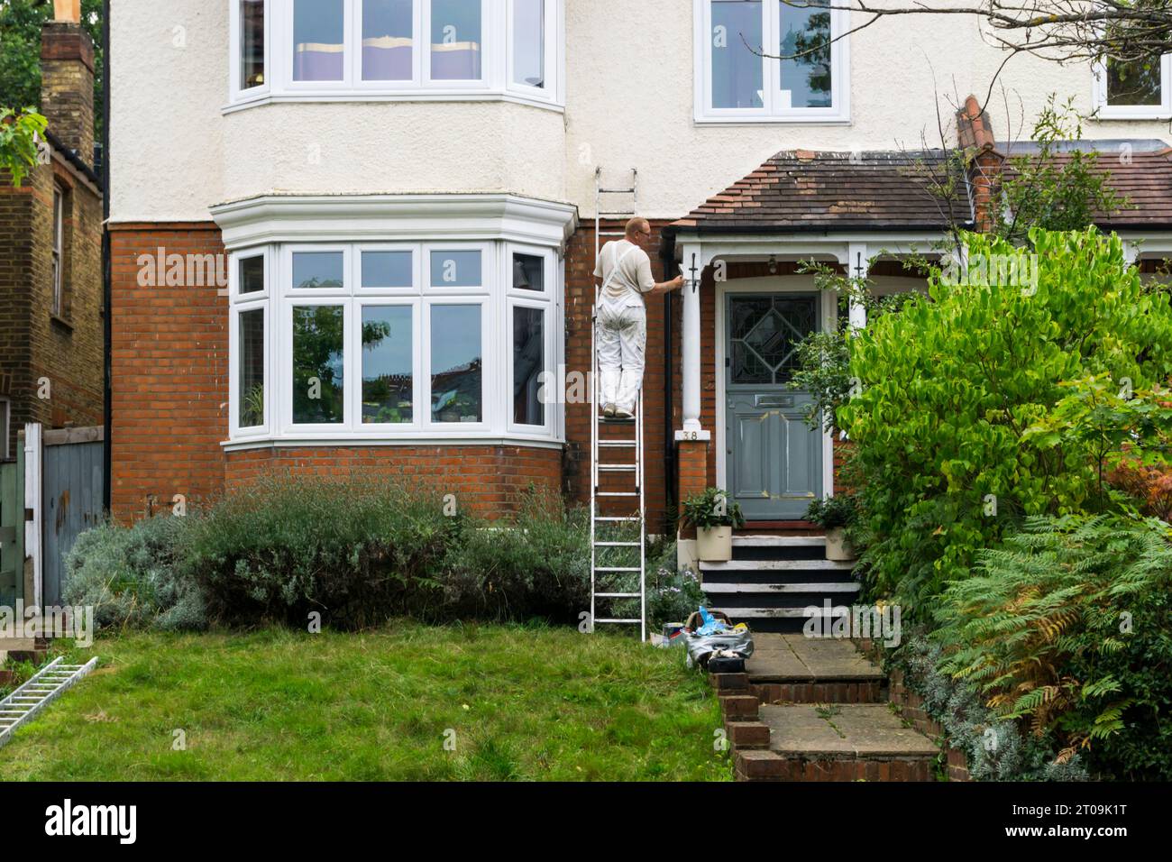 Man on ladder painting the front of a semi-detached house. Stock Photo