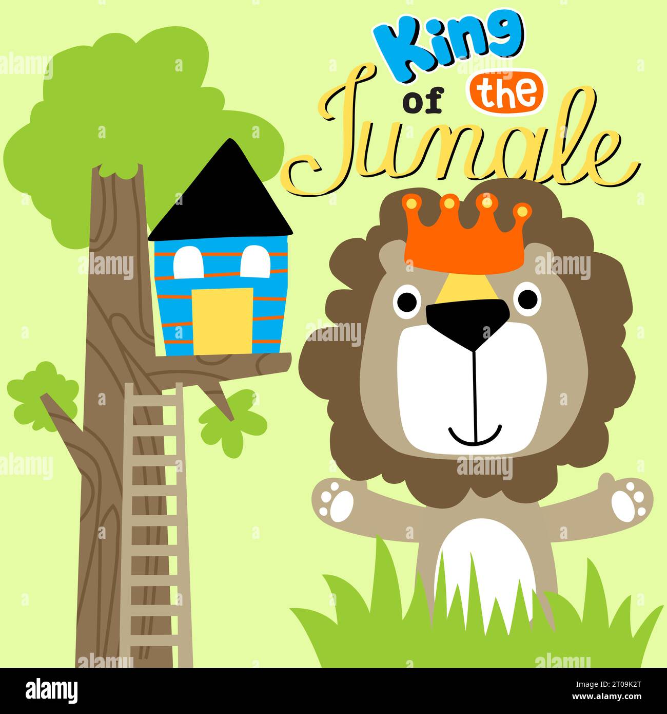 Funny lion wearing crown, tree house with ladder, vector cartoon illustration Stock Vector