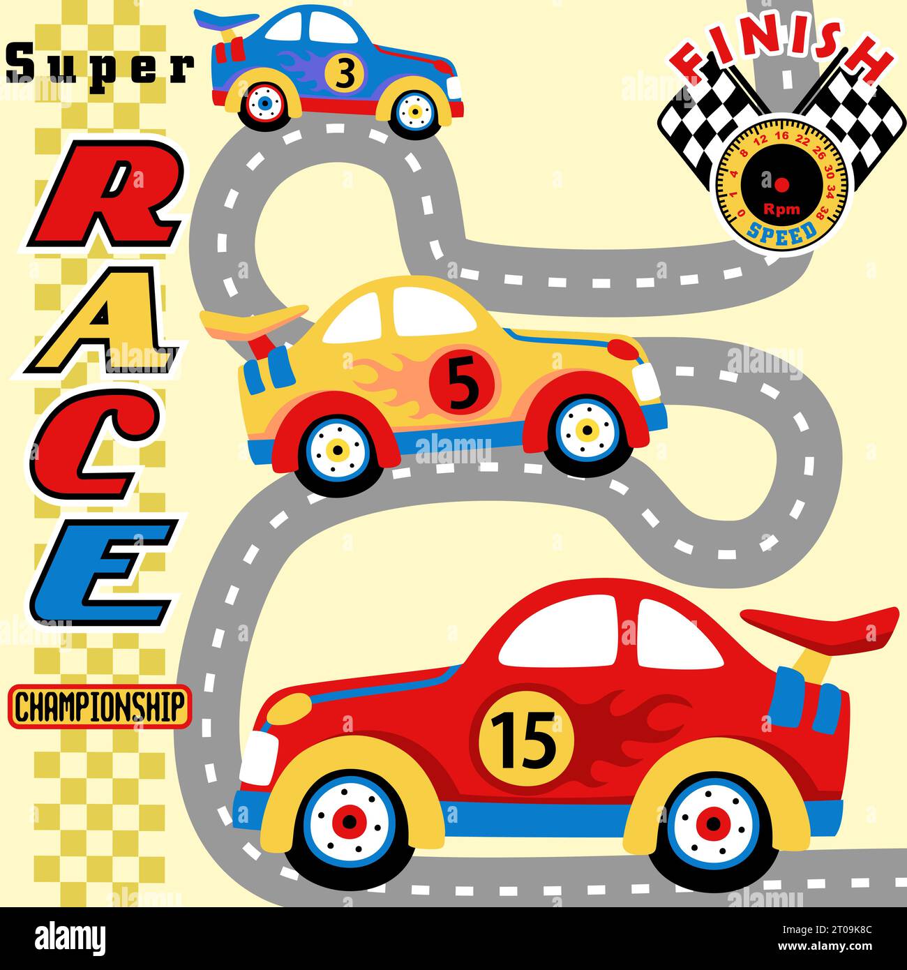 Race cars on track, car racing elements, vector cartoon illustration Stock Vector