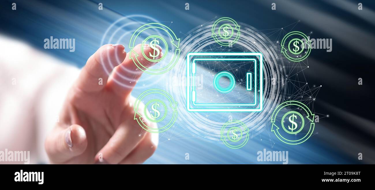 Woman touching a secure money transfer concept on a touch screen with her finger Stock Photo