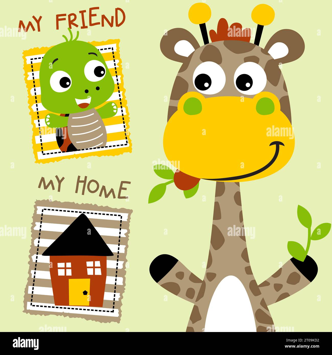 Cute giraffe eating leaf, little turtle with a house, vector cartoon illustration Stock Vector