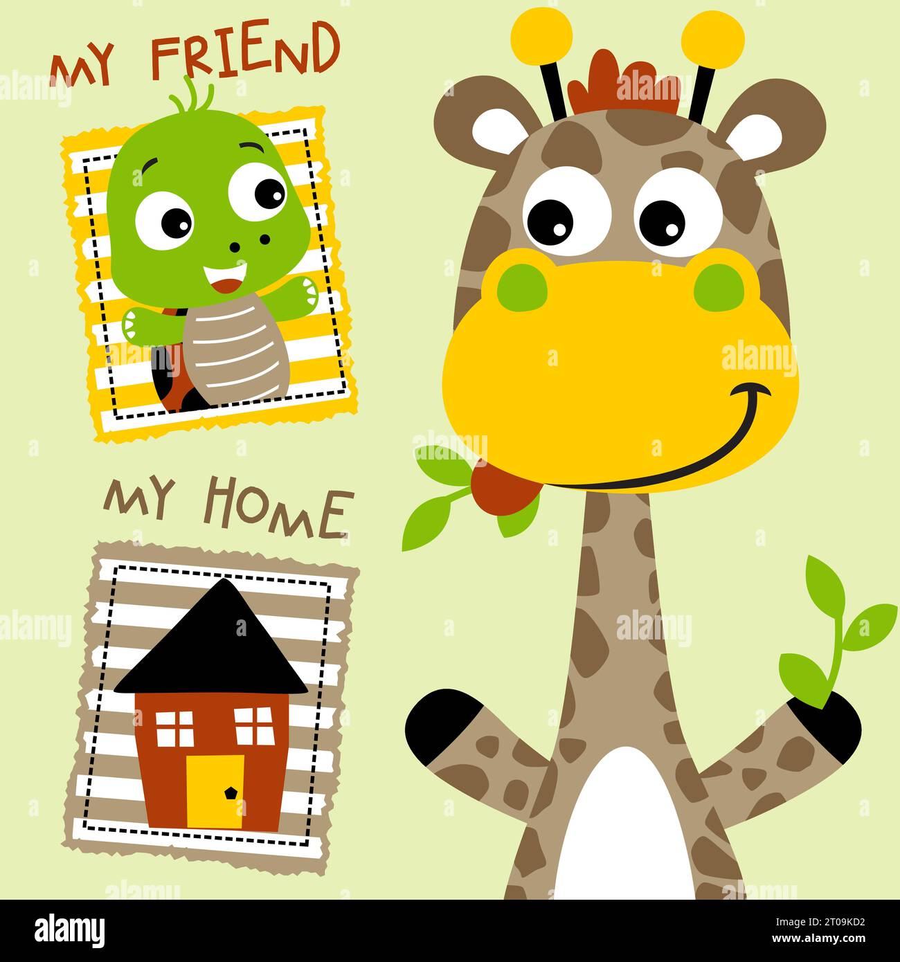 Cute giraffe eating leaf, little turtle with a house, vector cartoon