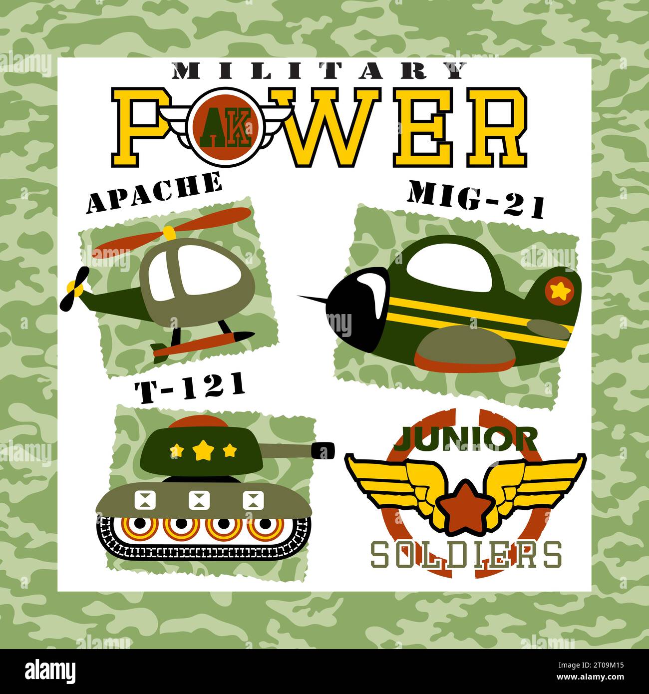 Set of armored vehicle with military element on camouflage frame border, vector cartoon illustration Stock Vector