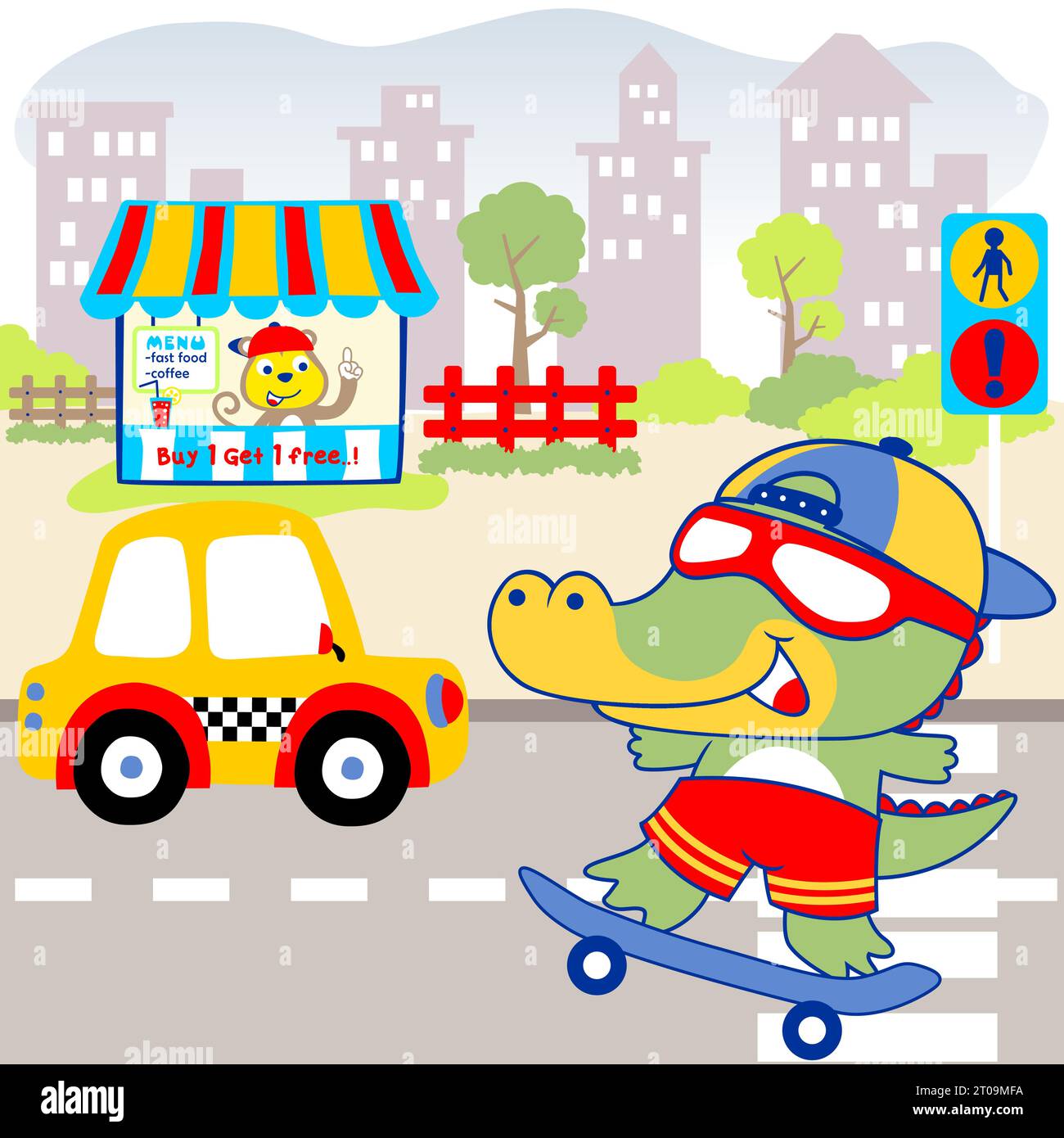 Little crocodile playing skateboard in city road, city life elements, vector cartoon illustration Stock Vector