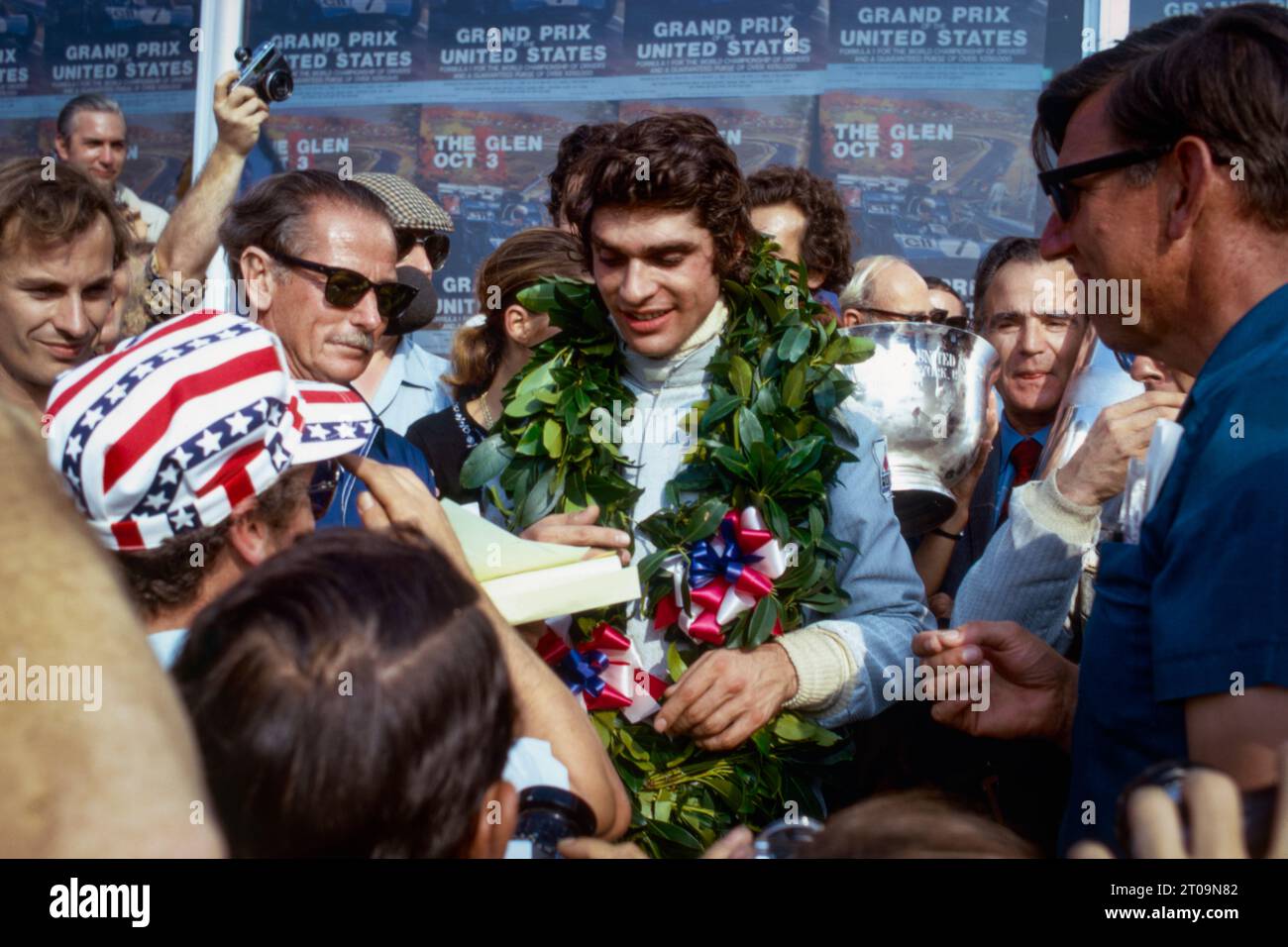 09 Cevert Francois (fra), Elf Team Tyrrell, Tyrrell 002, celebrates his win during the 1971 United States Grand Prix, 11th round of the 1971 Formula One season, on the Watkins Glen Grand Prix Circuit, from October 1 to 3, 1971 in Watkins Glen, New York, USA - Photo DPPI Stock Photo
