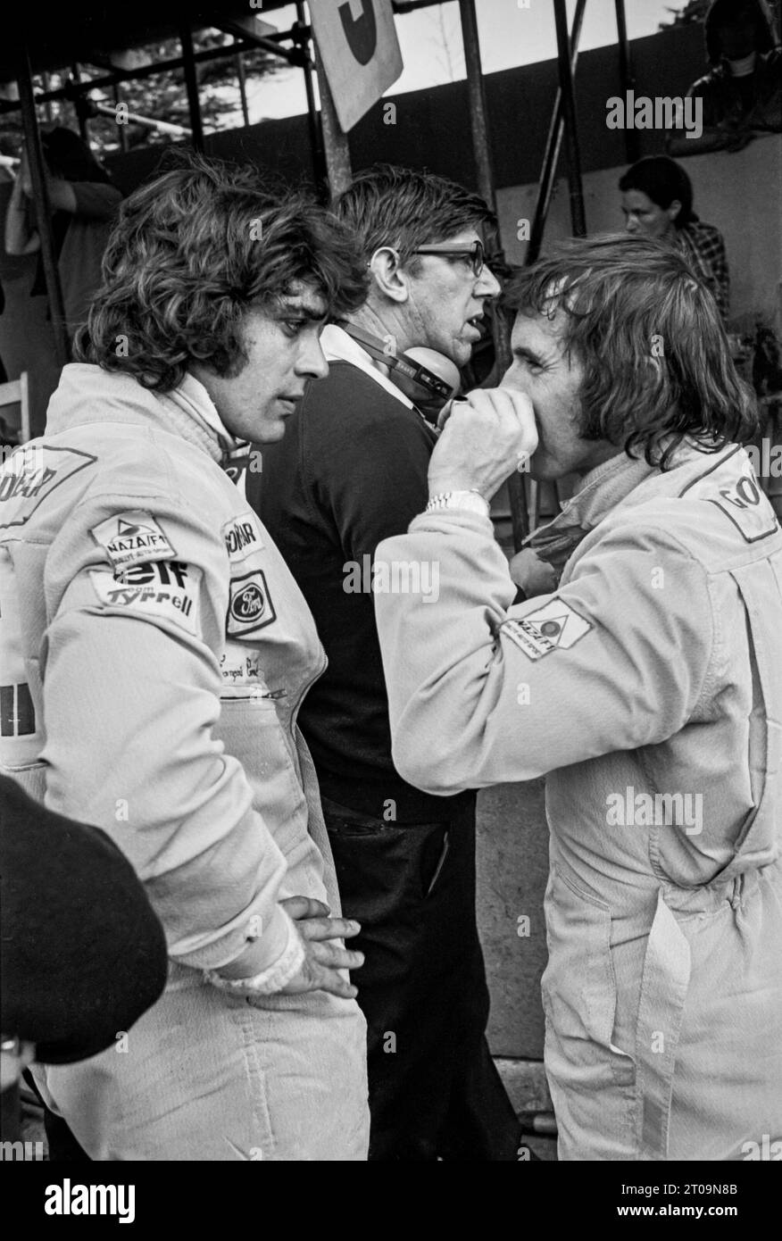 Sir Jackie Stewart (gbr), chatting with Cevert Francois (fra), Elf Team Tyrrell, Tyrrell-Ford 006 during the 1973 Spanish Grand Prix, 4th round of the 1973 Formula 1 season, on the Montjuic Circuit, from April 27 to 29, 1973 in Barcelona, Spain - Photo DPPI Stock Photo