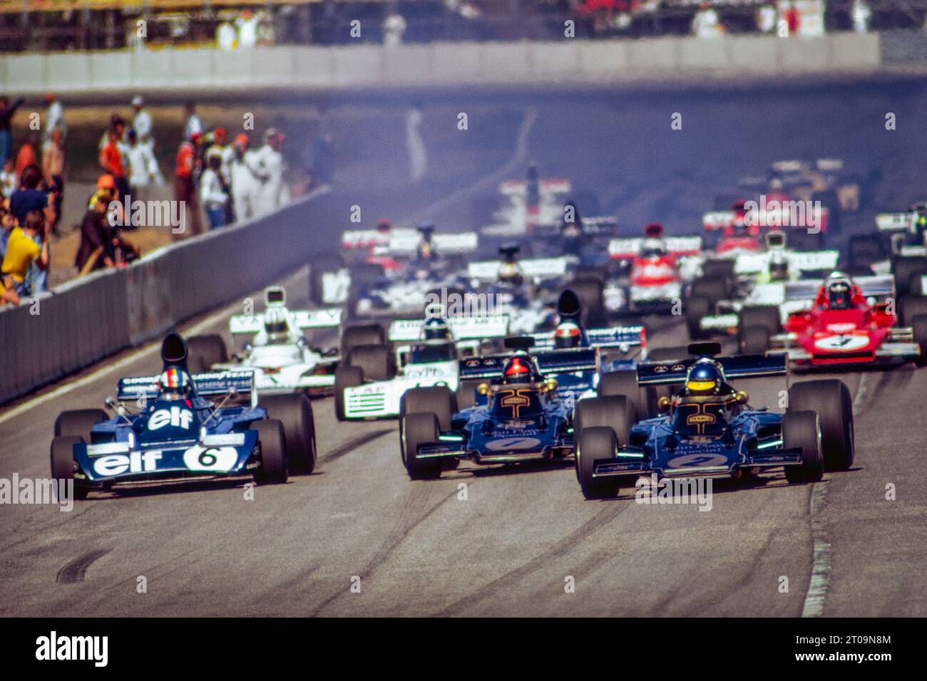 Start, Francois Cevert (6), Elf Team Tyrrell, Tyrrell 006, Ford Cosworth, Emerson Fittipaldi (1), John Player Team Lotus, Lotus 72E, Ford Cosworth, Ronnie Peterson (2), John Player Team Lotus, Lotus 72E, Ford Cosworth, action during the 1973 Formula One World Championship, Sweden Grand Prix, on June 17, 1973 at Anderstorp circuit in Anderstorp, Sweden - Photo DPPI Stock Photo