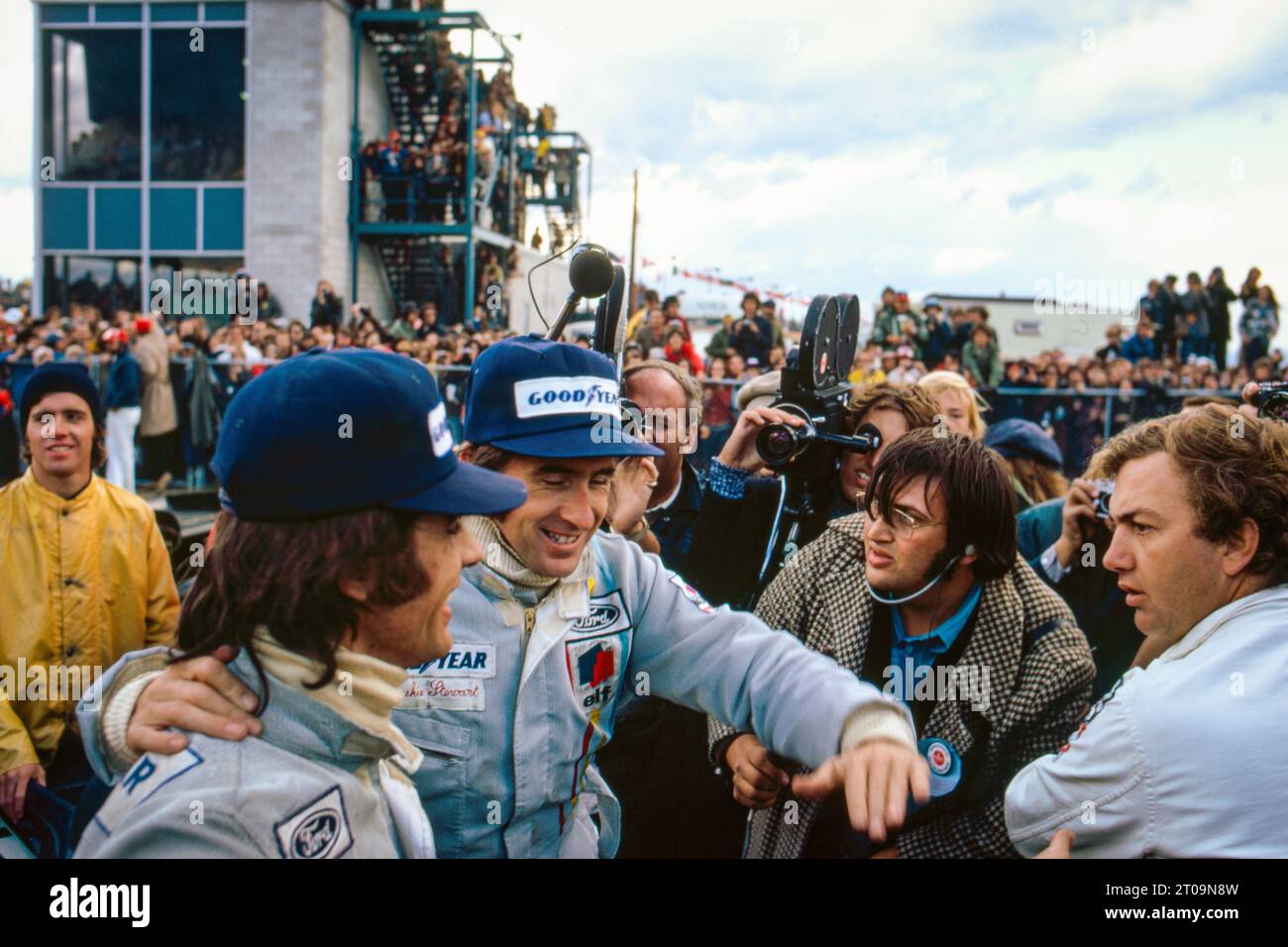 01 Stewart Jackie (gbr), 02 Cevert Francois (fra), Elf Team Tyrrell, celebrating their 1-2 during the 1972 United States Grand Prix, 12th round of the 1972 Formula One season, on the Watkins Glen International Raceway, from October 6 to 18, 1972 in Watkins Glen, New York, USA - Photo DPPI Stock Photo