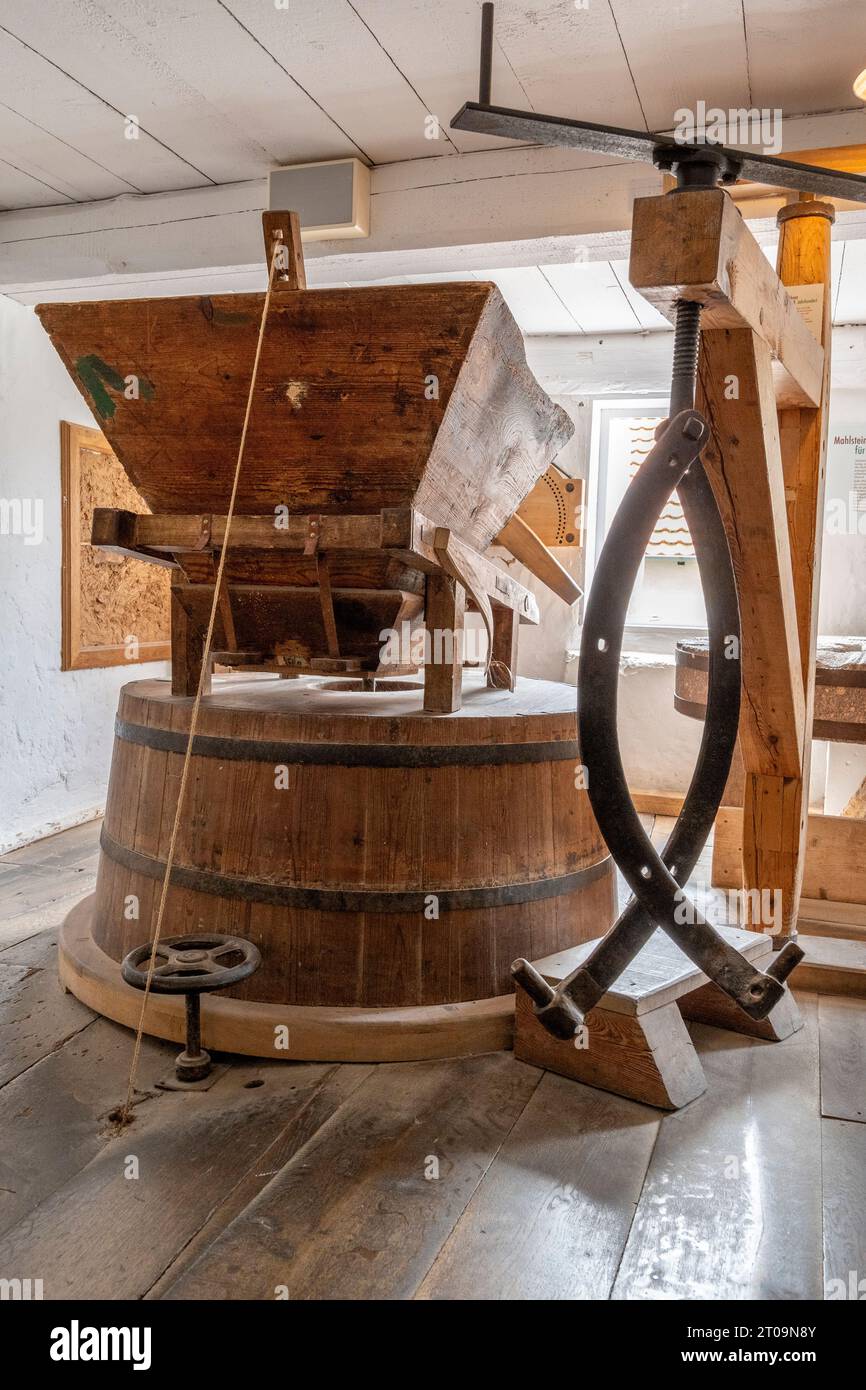 Detailed view of a historical grinder of a water mill. Wilhelm Busch Mill in Ebergötzen, Germany Stock Photo