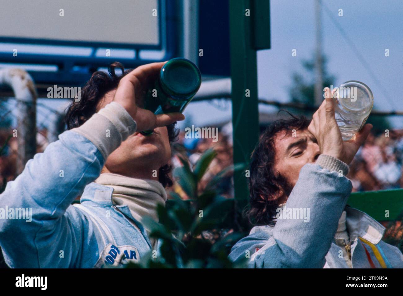02 Stewart Jackie (gbr), 03 Cevert Francois (fra), Elf Team Tyrrell, Tyrrell 002, celebrates their 1-2 during the 1971 German Grand Prix, 7th round of the 1971 Formula One season, on the Nurburgring Nordschleife, from July 30 to August 1, 1971 in Nurburg, Germany - Photo DPPI Stock Photo