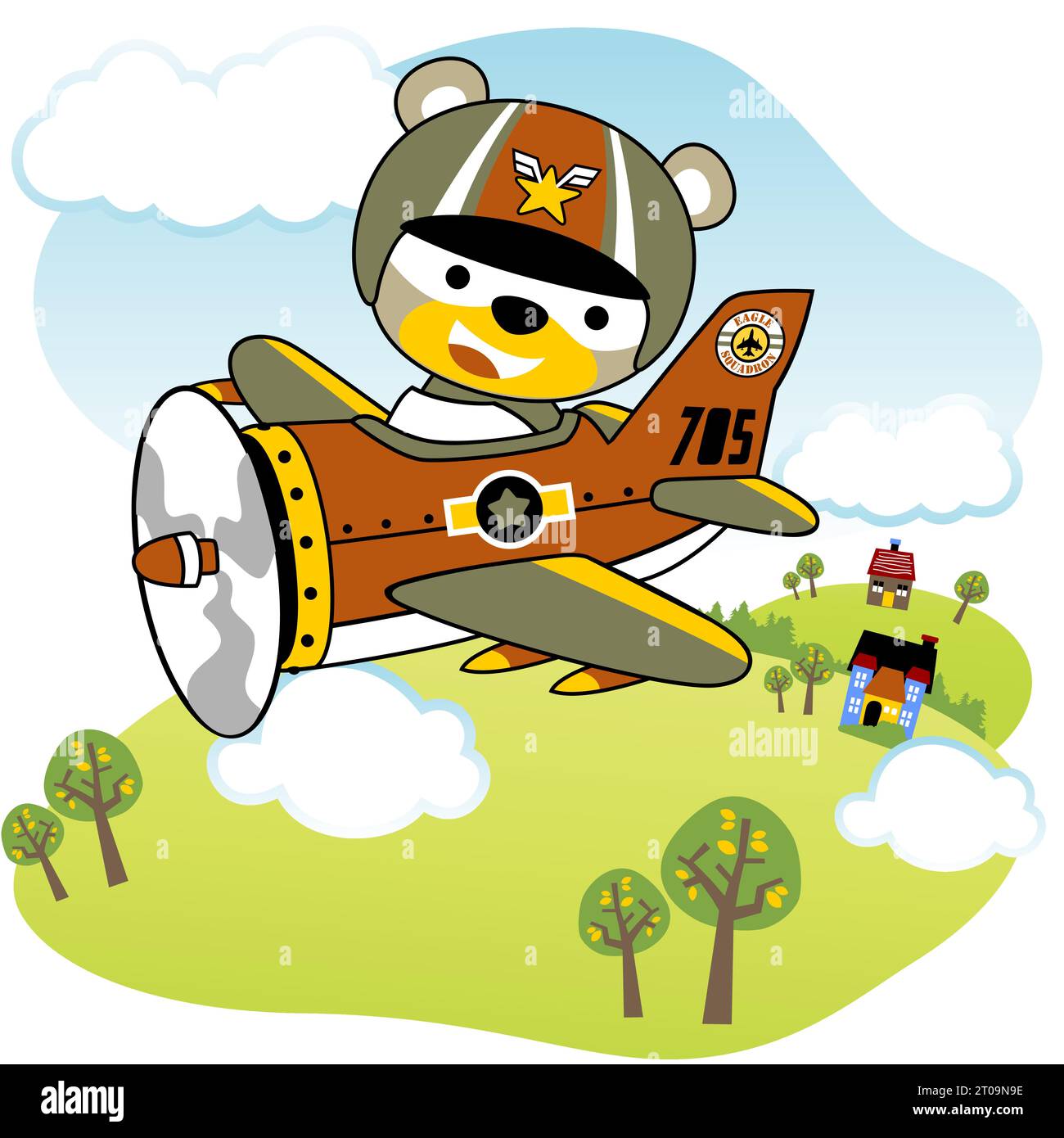 Funny bear on military airplane flying across countryside, vector cartoon illustration Stock Vector