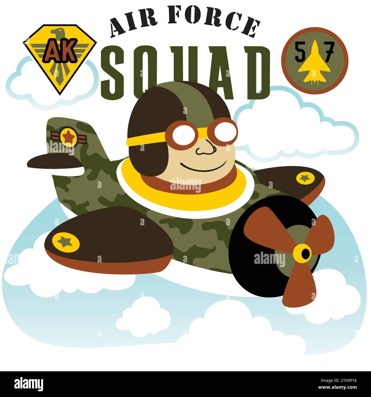 Young soldier on fighter jet with military badge, vector cartoon illustration Stock Vector