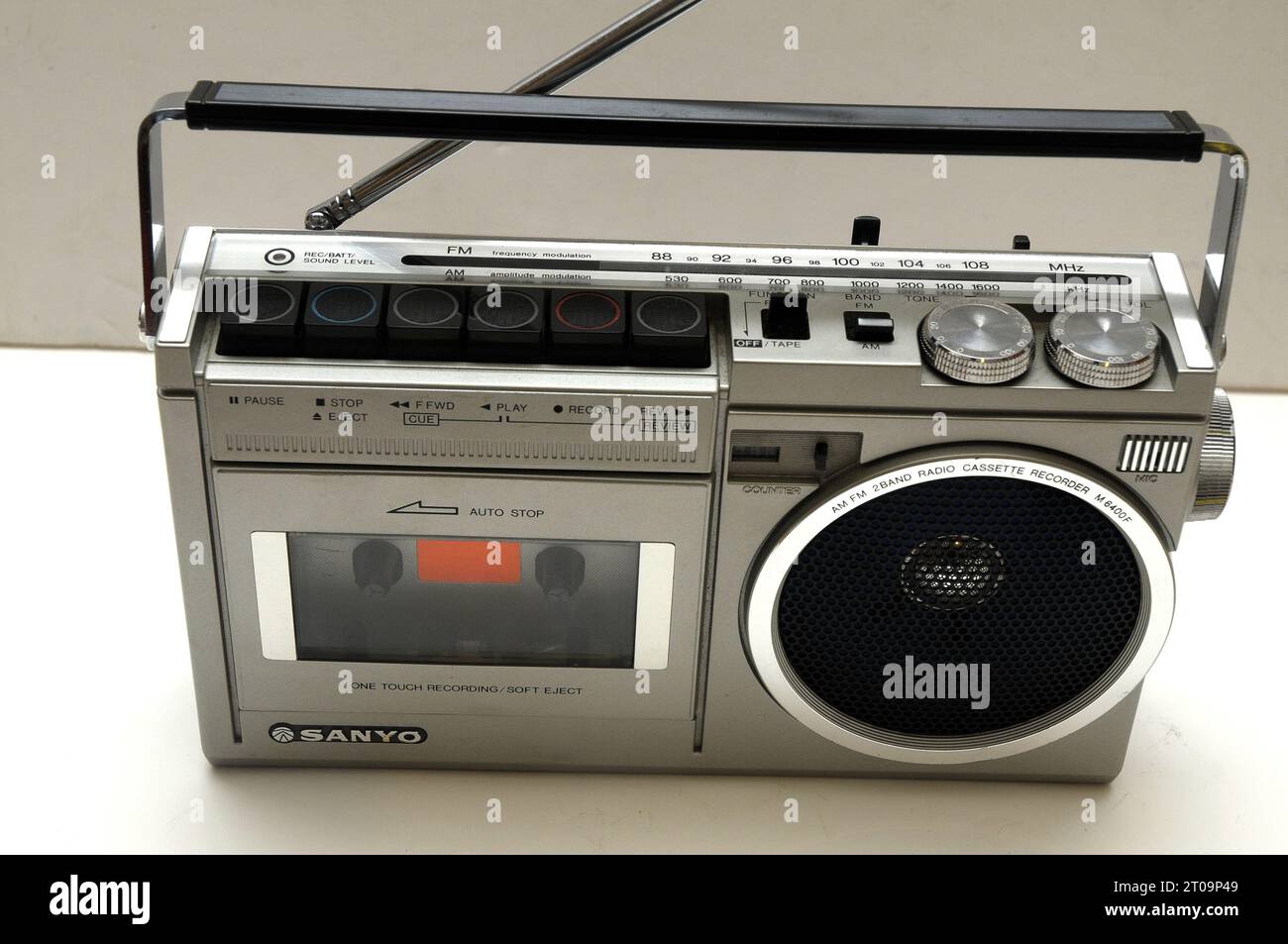 sanyo; cassette; 70s; music device; 70s music player; tape; cassette; Sanyo radio cassette; vintage radio cassette Stock Photo