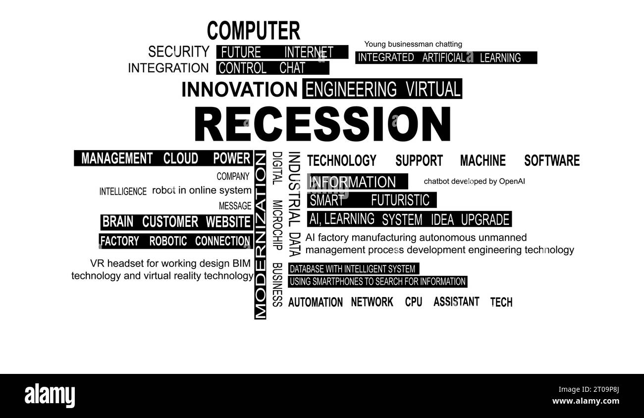 virtual touch screen of future and sees word: recession. Currency Depreciation Concept. Financial crisis, recession and depression. Stock Photo
