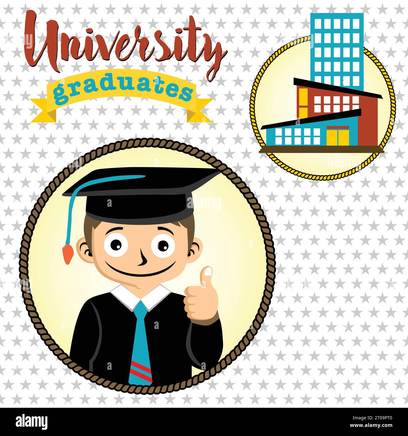 Young boy in graduate gown with university buildings, vector cartoon illustration Stock Vector