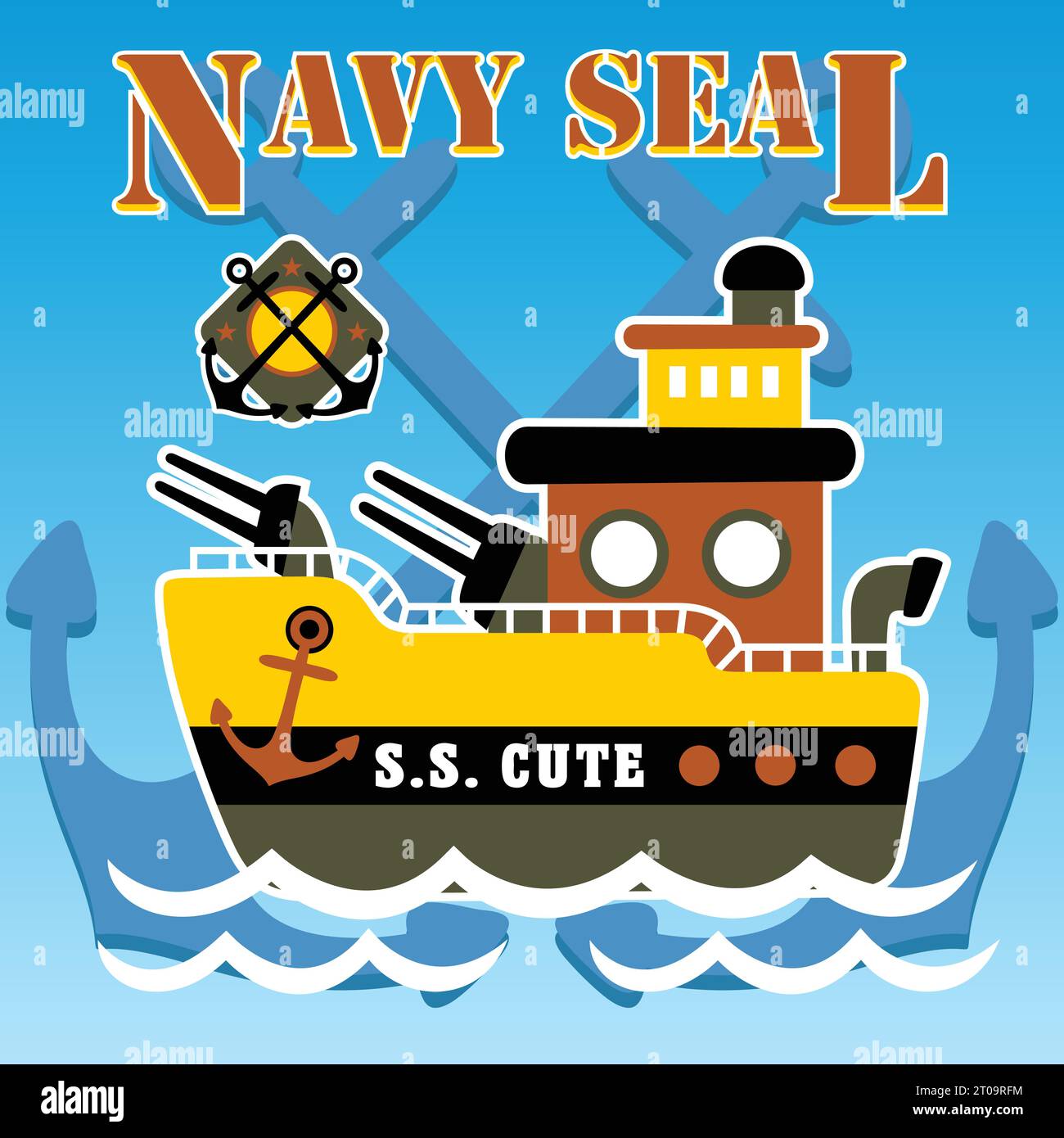vector cartoon illustration of warship on anchor background Stock Vector