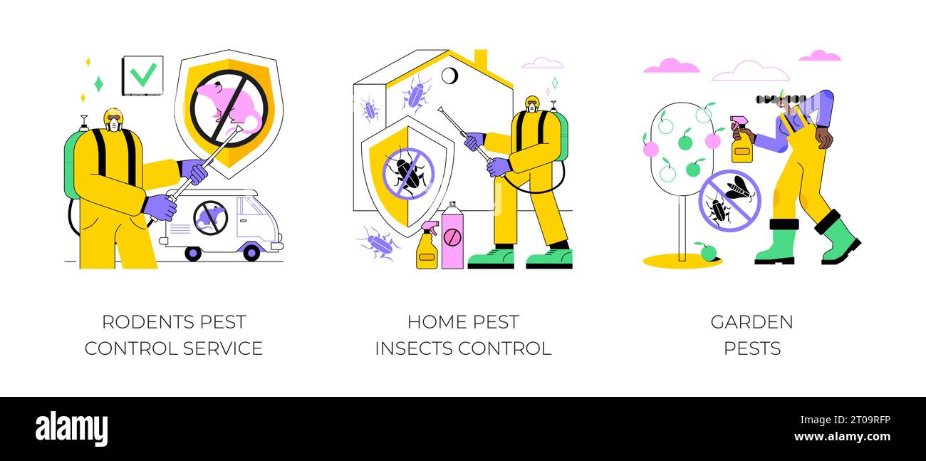 House and garden protection abstract concept vector illustration set. Rodents pest control service, home insects control, garden pests, rats trapping, vermin exterminator abstract metaphor. Stock Vector