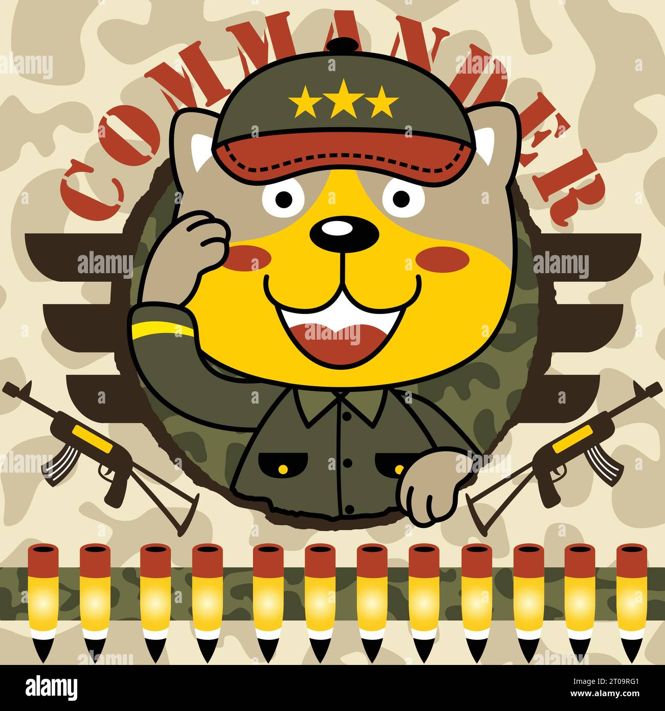 Funny cat in soldier uniform on camouflage background, vector cartoon illustration Stock Vector