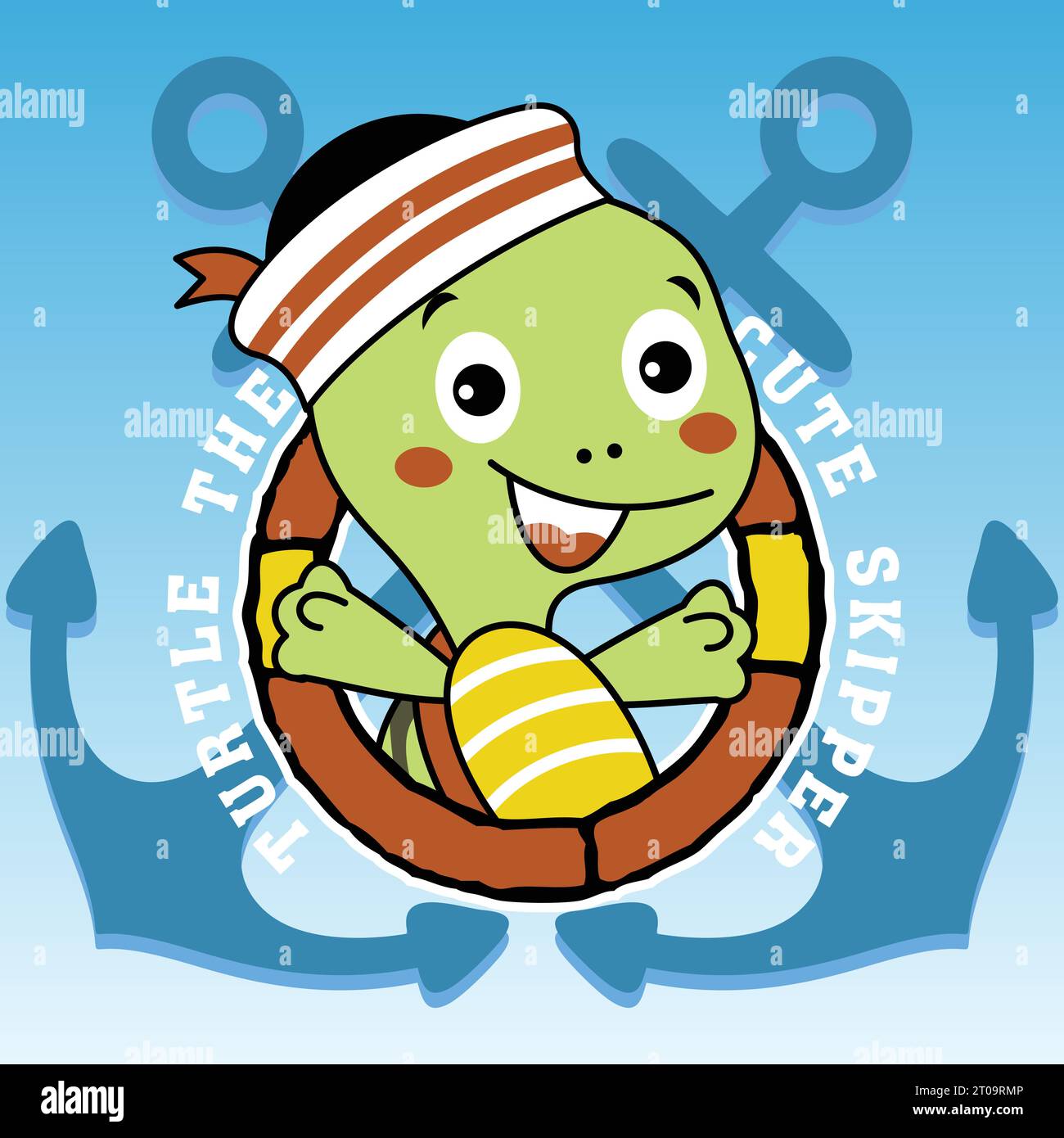 Cute turtle wearing sailor cap on anchors background, vector cartoon