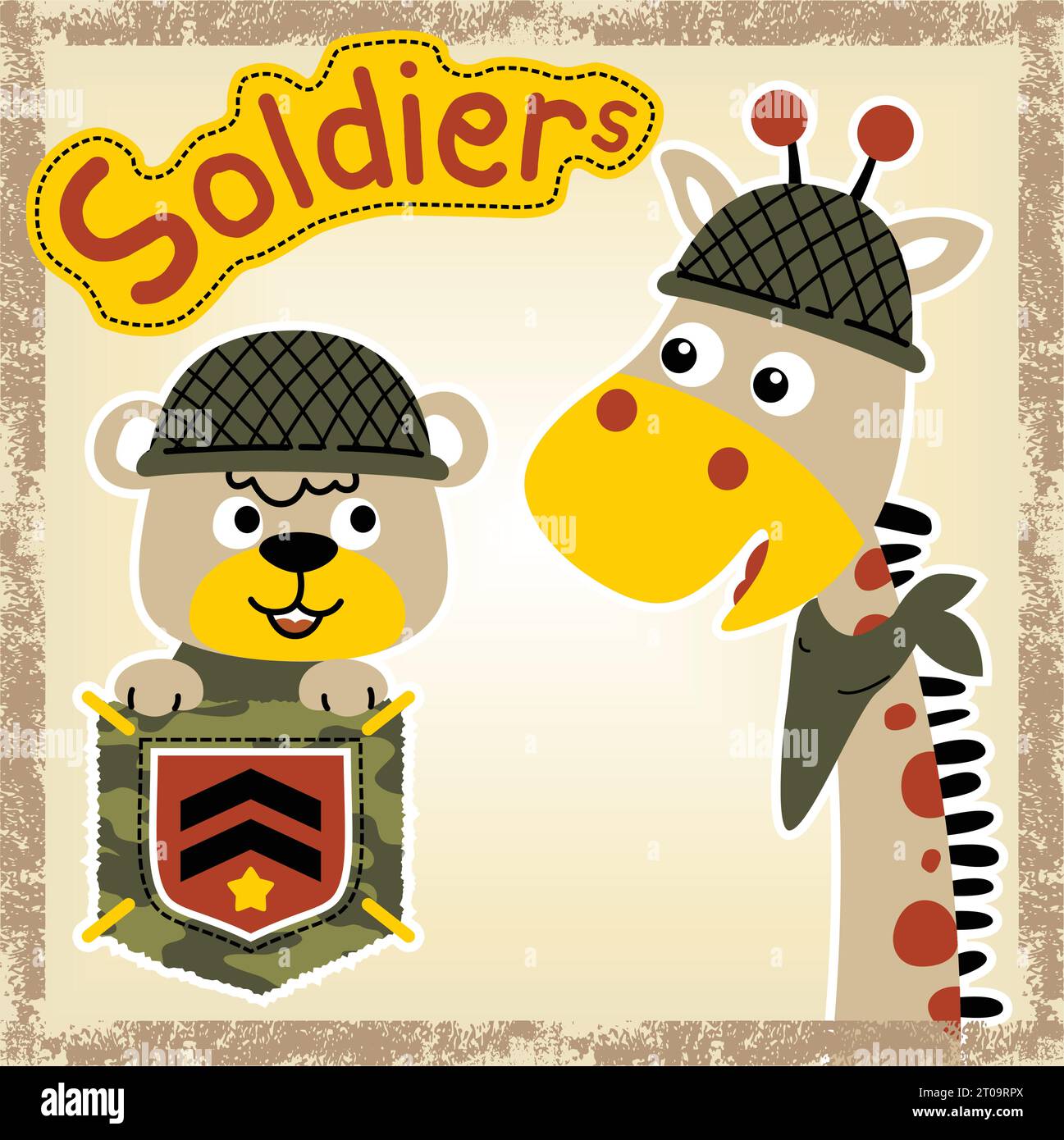 Funny giraffe and bear in soldiers costume on grunge frame, vector cartoon illustration Stock Vector